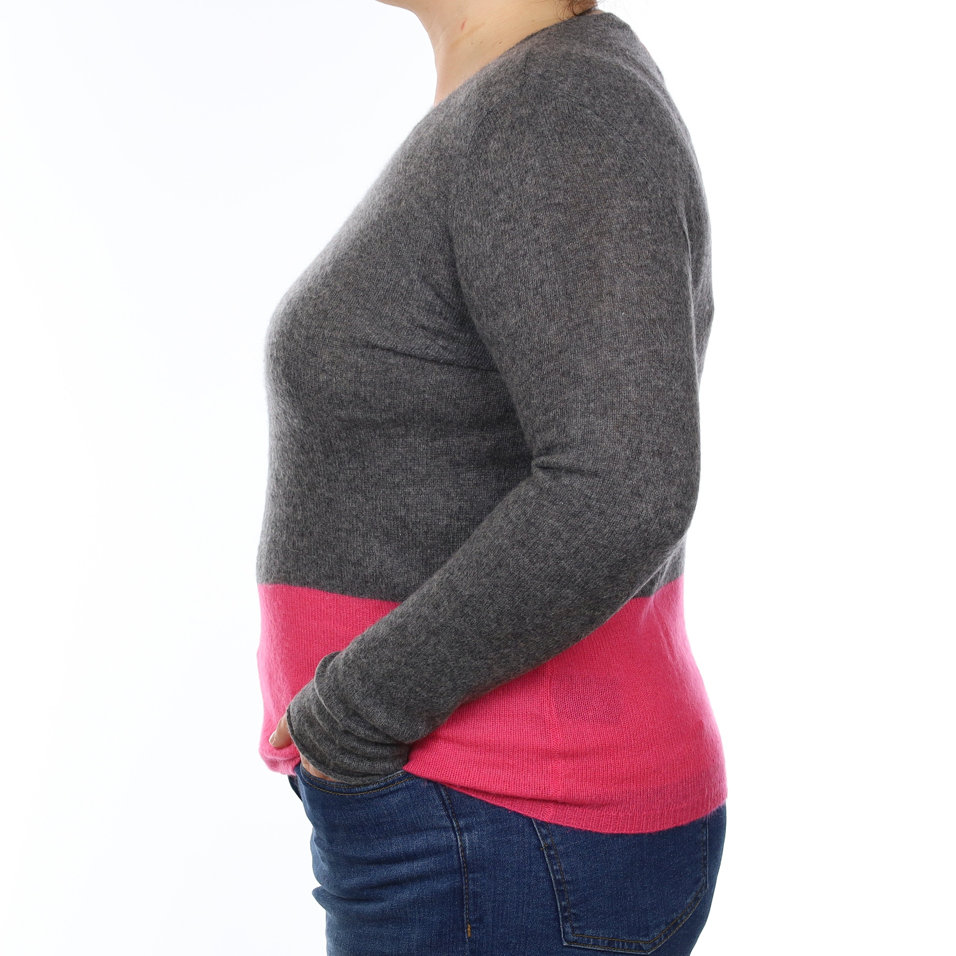 Grey and Hot Pink Cashmere Crew Neck Jumper Large