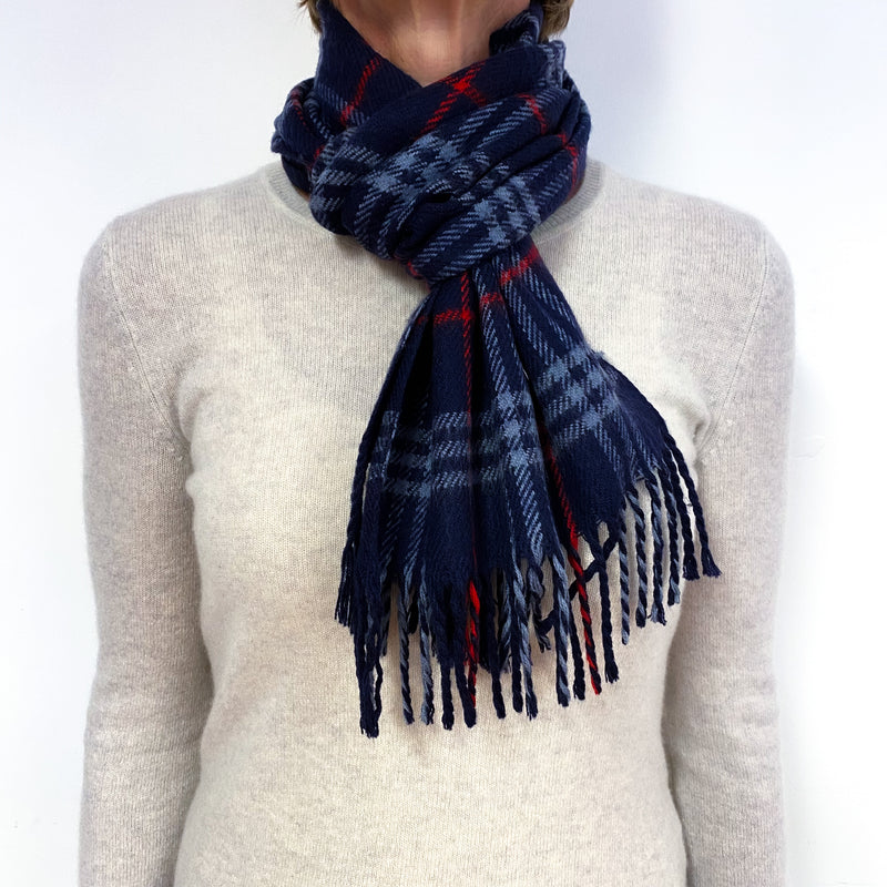 Navy Blue and Red Tartan Cashmere Fringed Woven Scarf