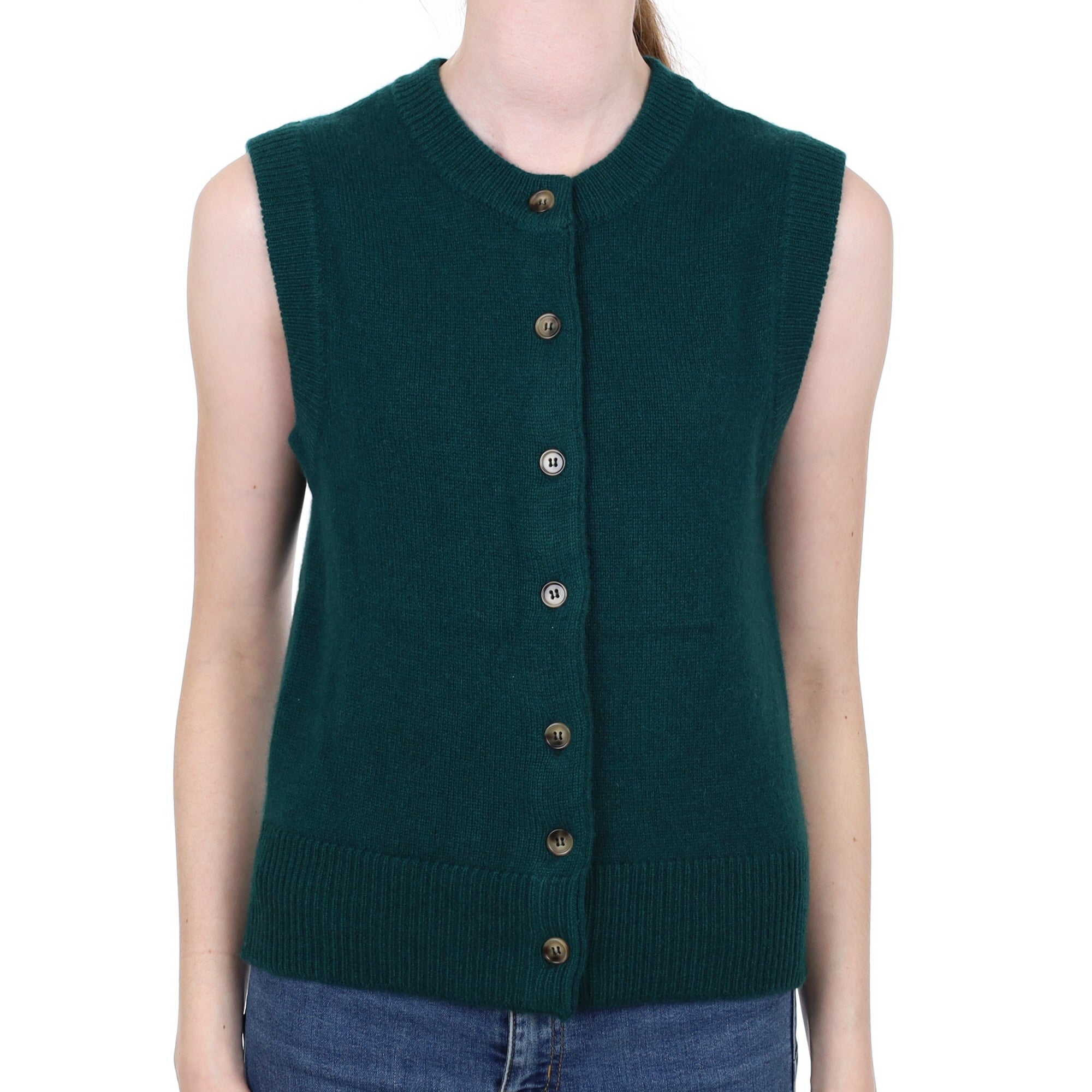 Brand New Forest Green Luxury Cashmere Crew Neck Waistcoat Extra Small UK 6-8