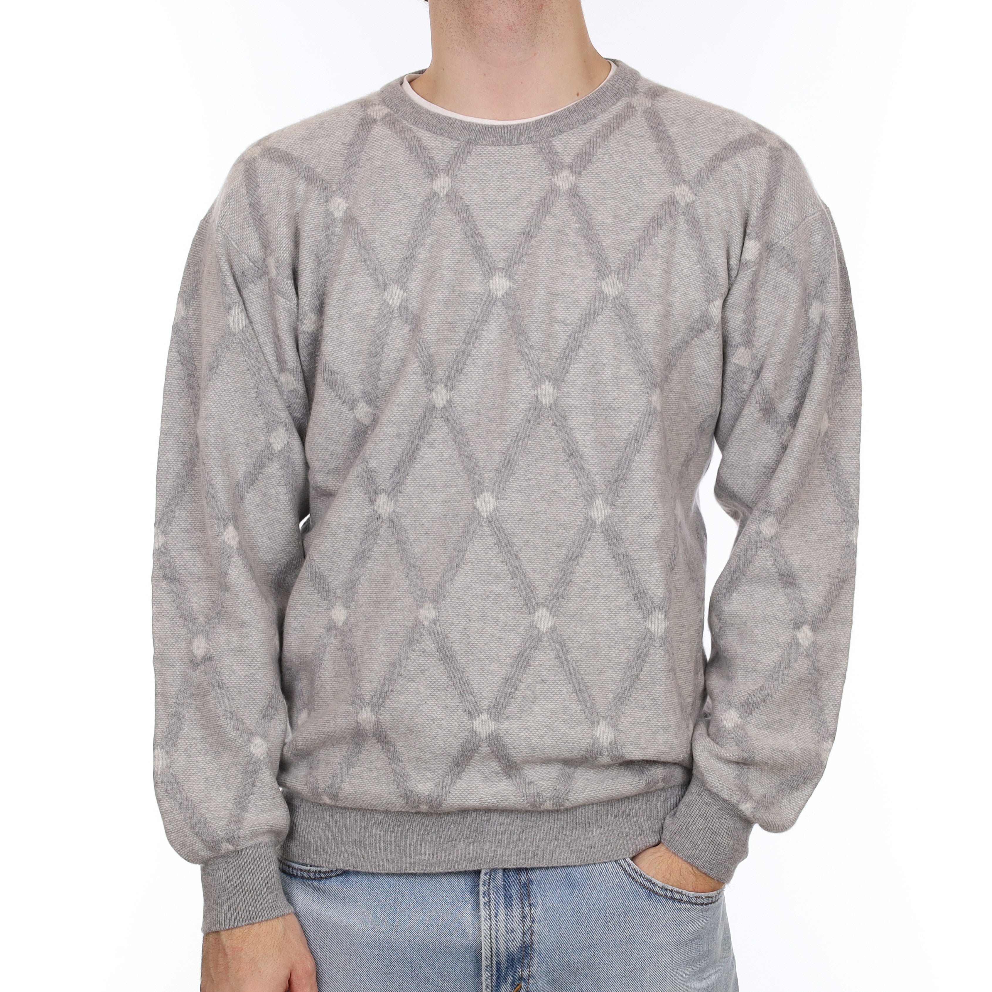 Men's Scottish Scott & Charters Grey Patterned Cashmere Crew Neck Jumper Large