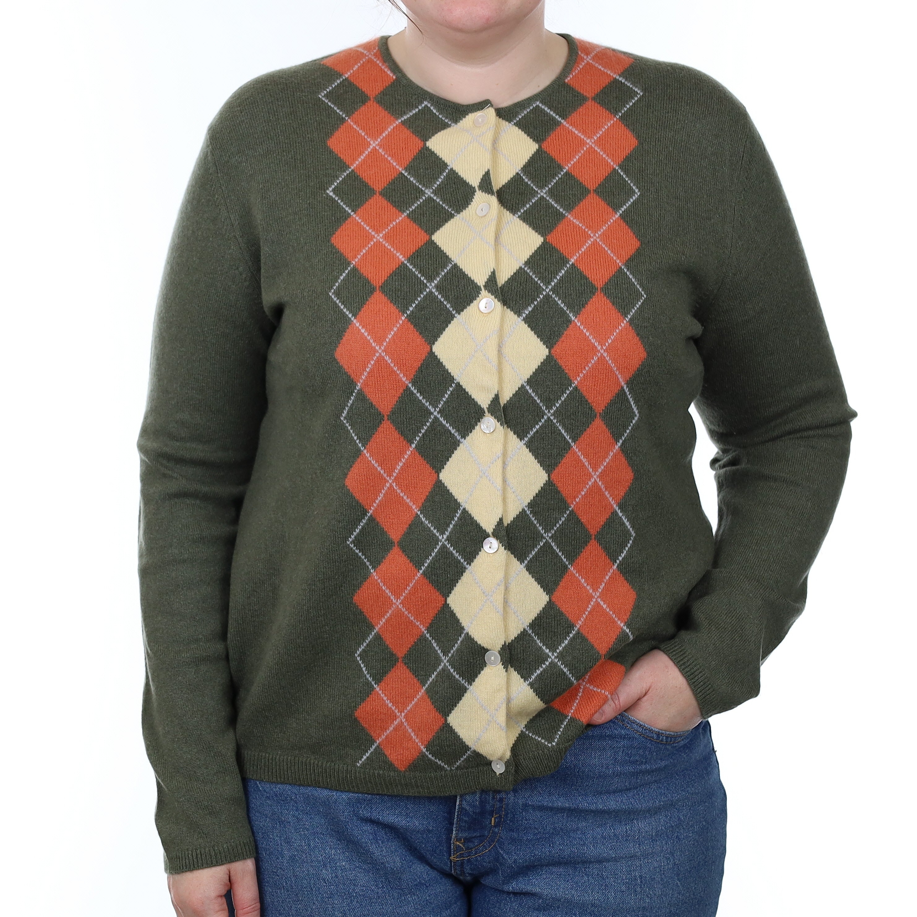 Country Green & Orange Diamond Cashmere Crew Neck Cardigan Large