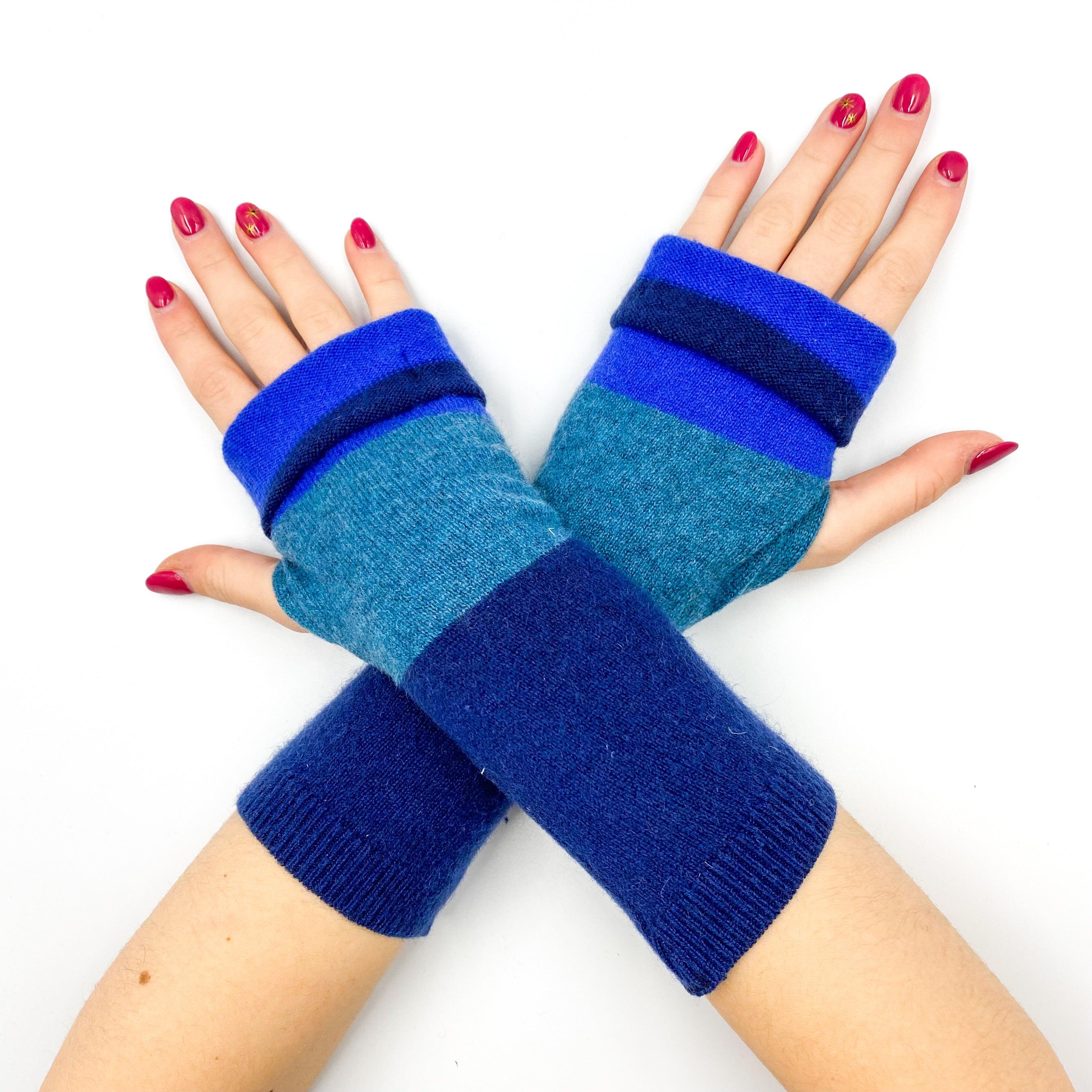 Teal and Blue Stripe Fingerless Gloves