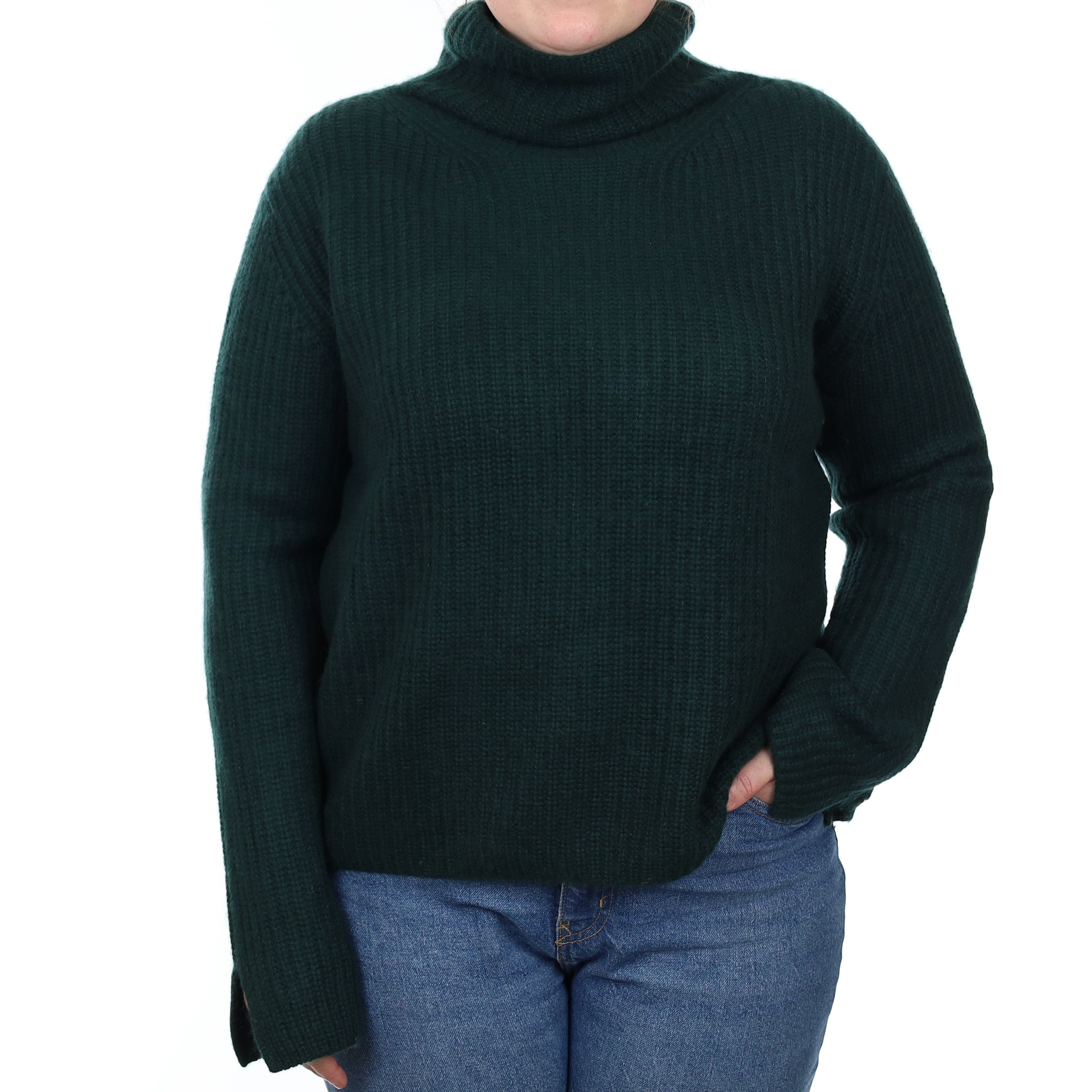 Deep Forest Green Chunky Ribbed Cashmere Turtle Neck Jumper Large