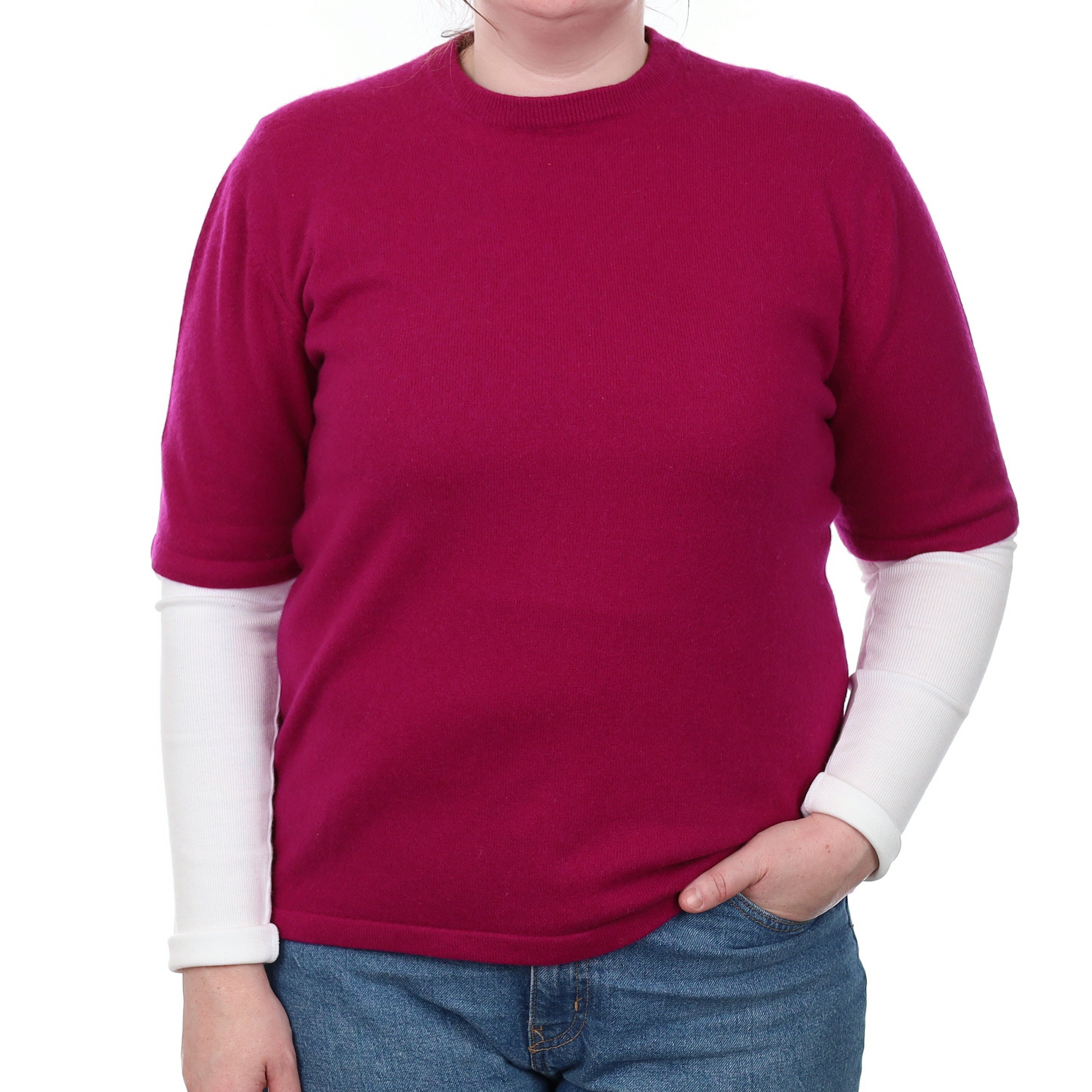 Deep Magenta Pink Cashmere Short Sleeved Crew Neck Jumper Large