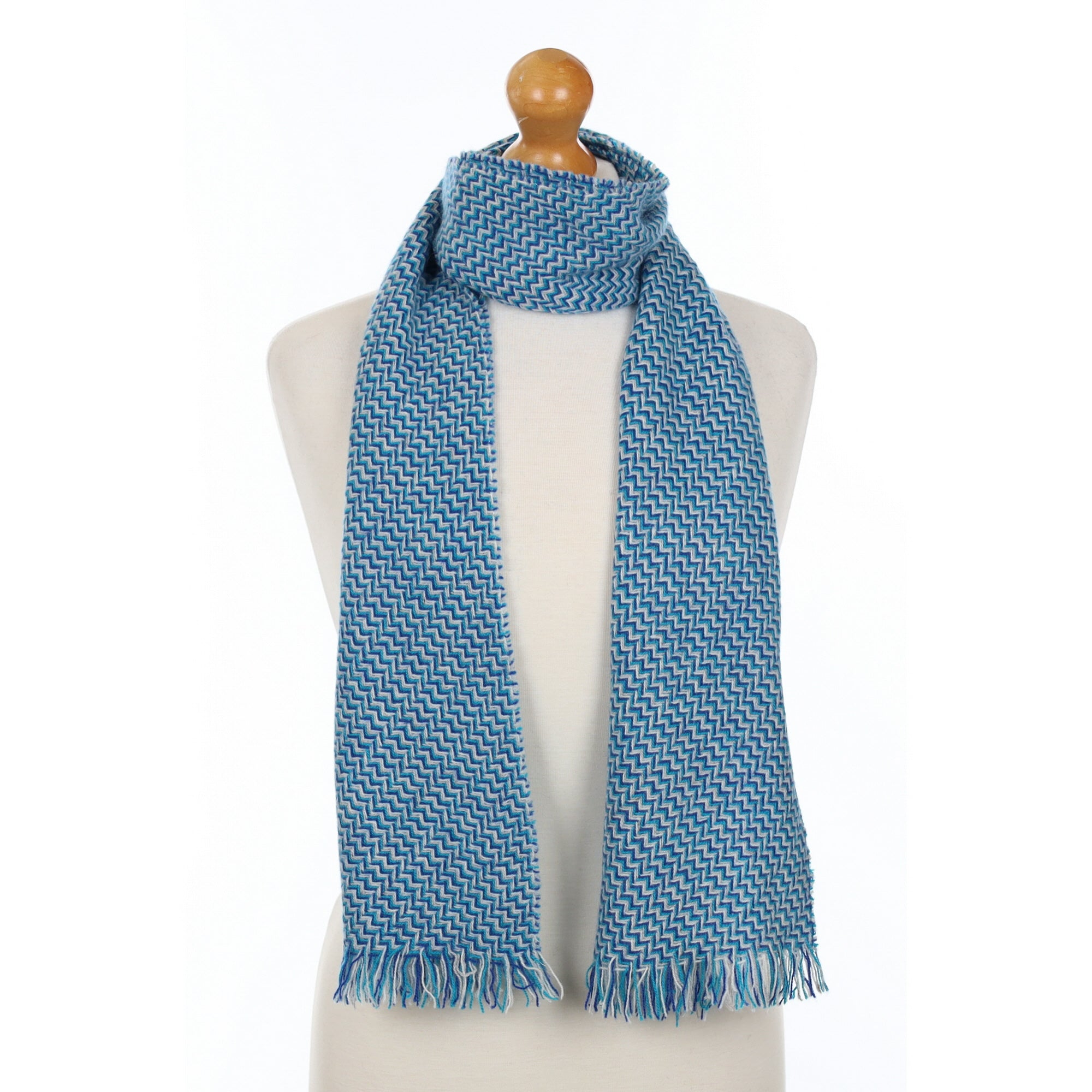 Teal Patterned Cashmere Fringed Woven Scarf