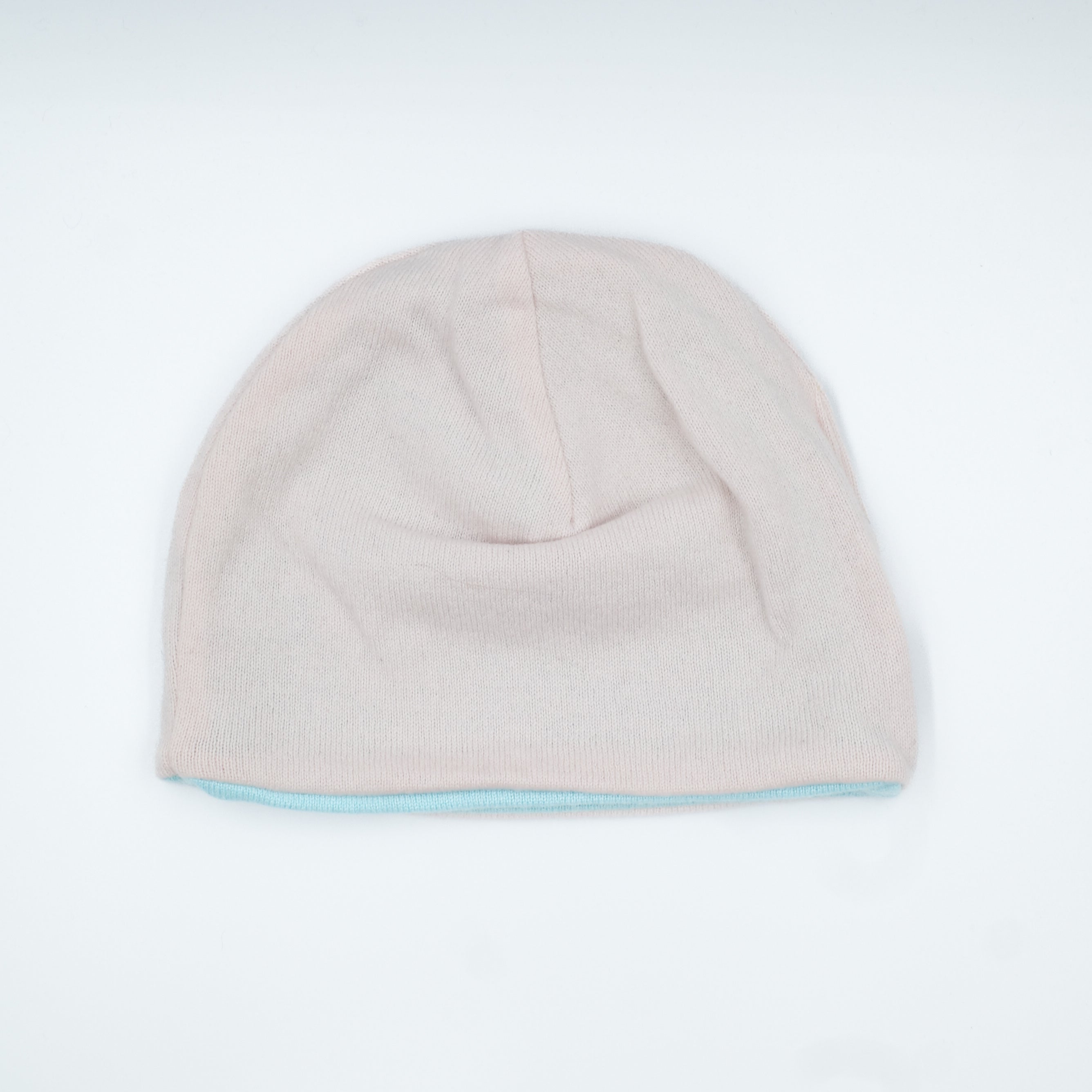 Shell Pink and Turquoise Blue Cashmere Beanie Hat