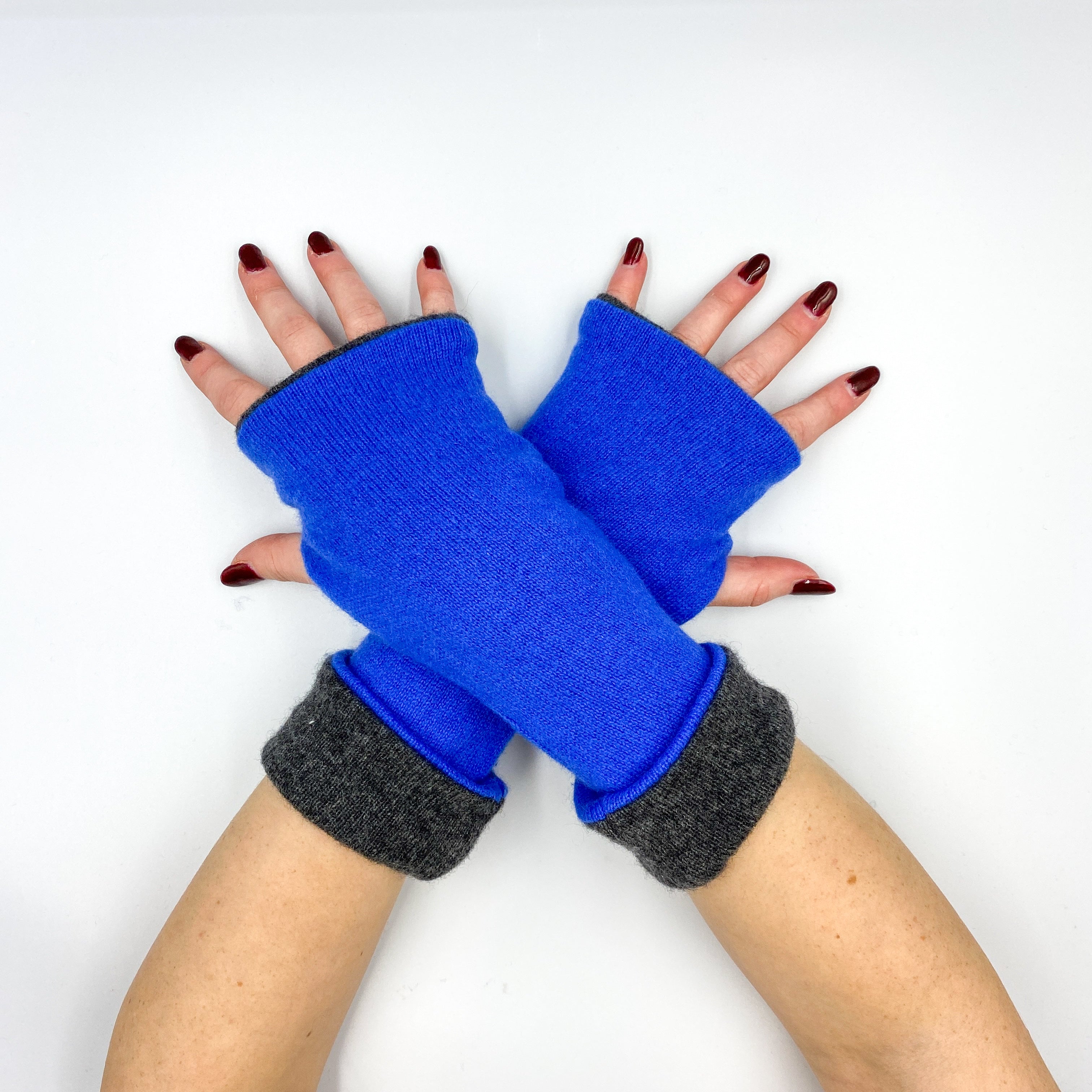 Azure Blue and Charcoal Grey Luxury Reversible Cashmere Fingerless Glovese