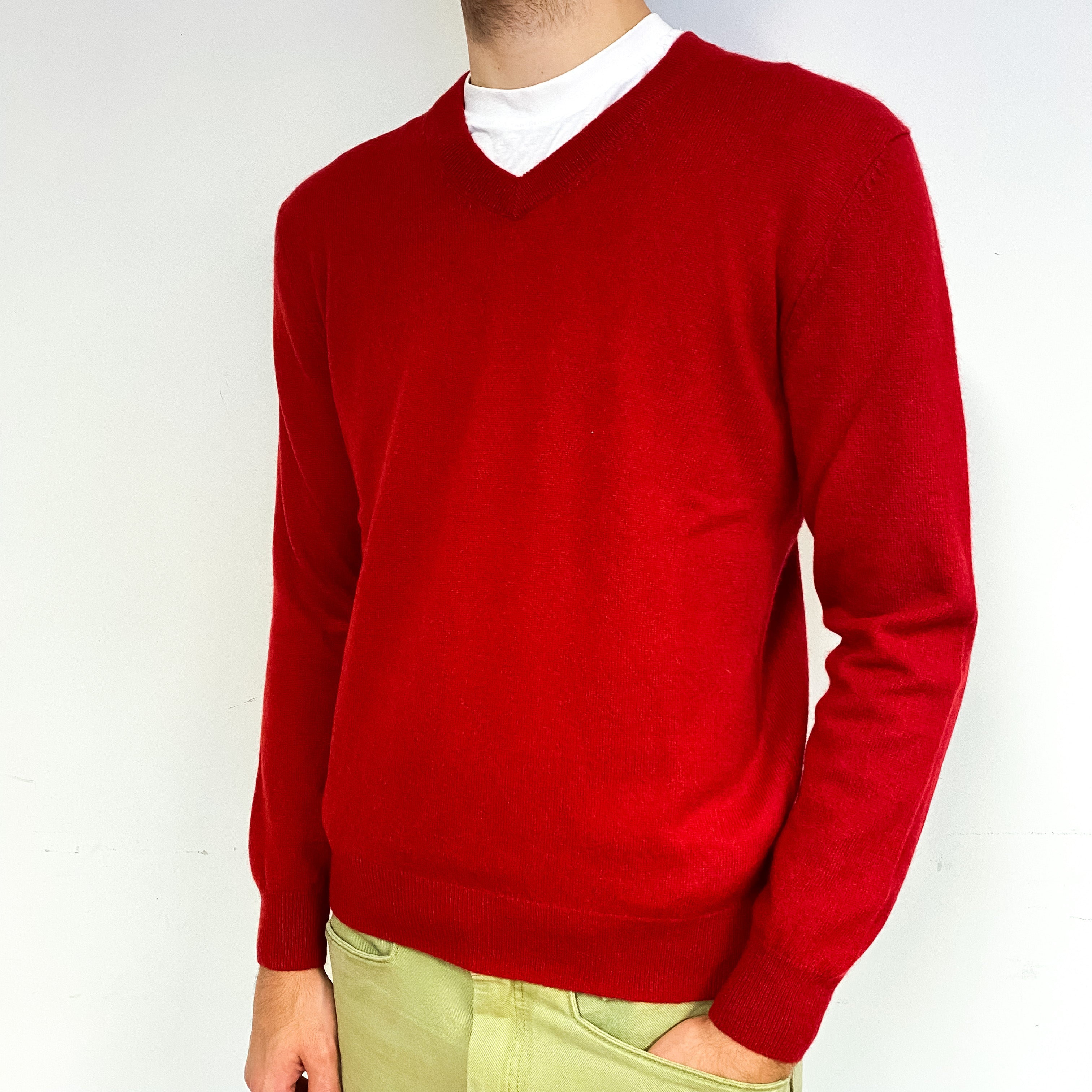 Men's Post Box Red Cashmere V-Neck Jumper Medium