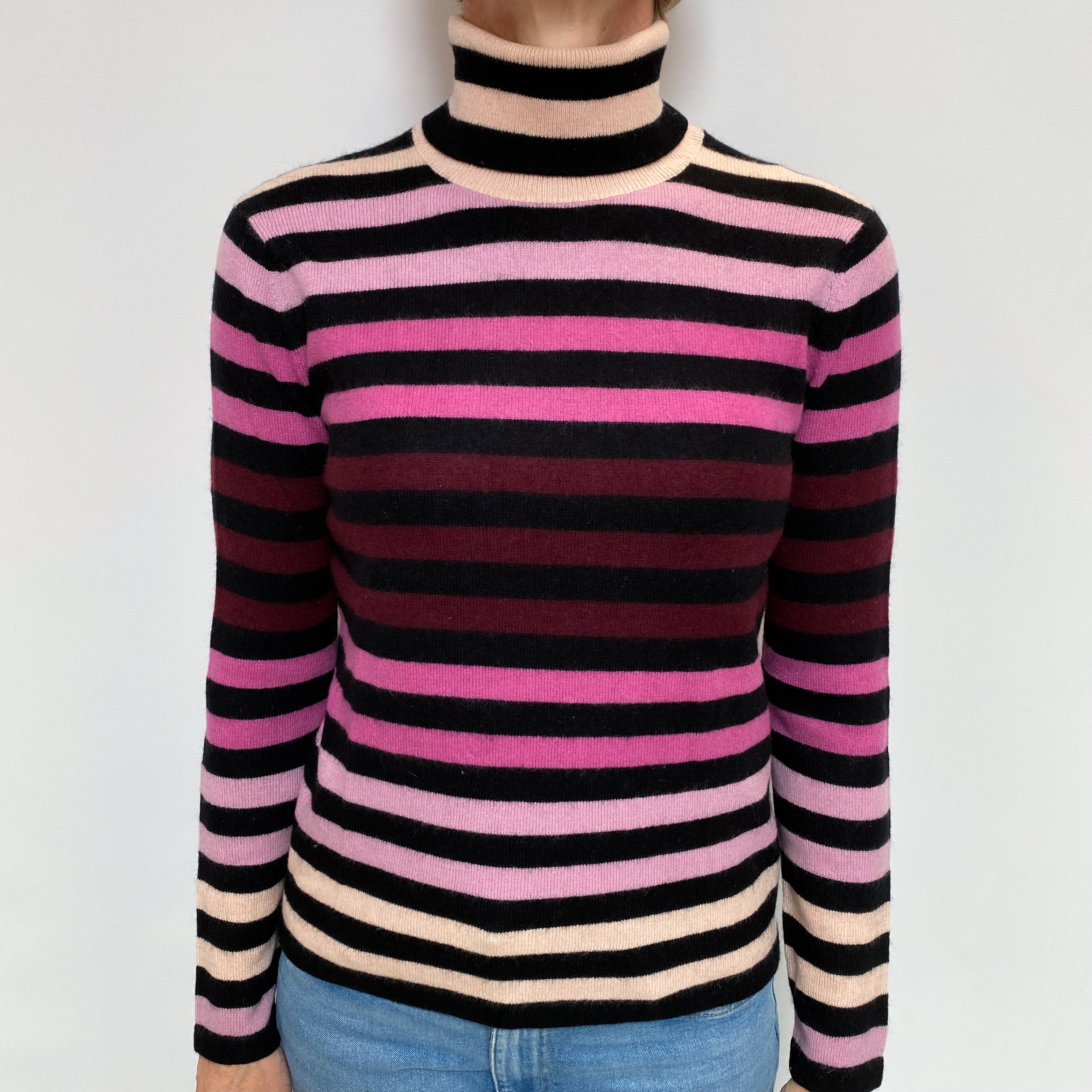 Black and Pink Striped Cashmere Polo Neck Jumper Small