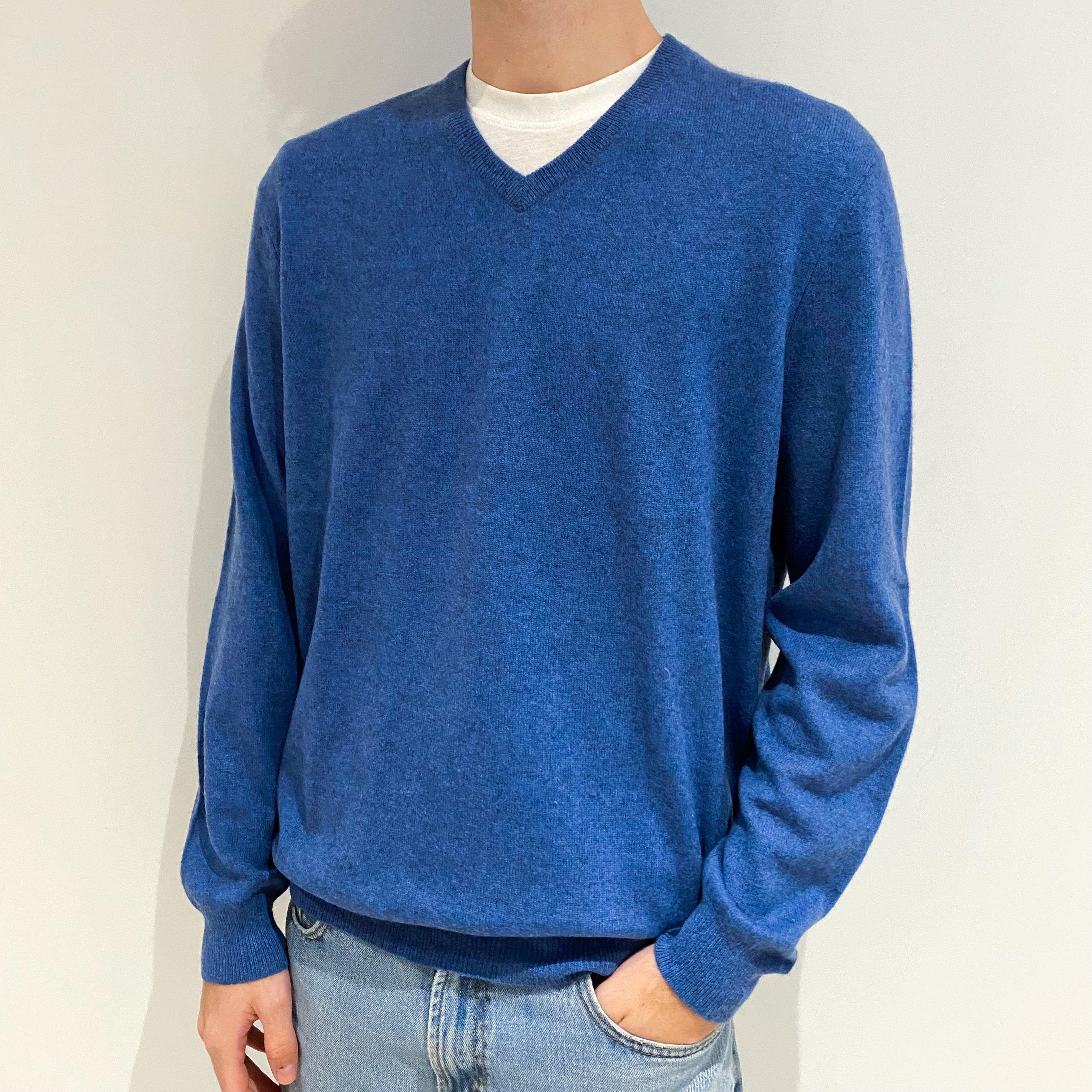 Men's Denim Blue Cashmere V-Neck Jumper Large