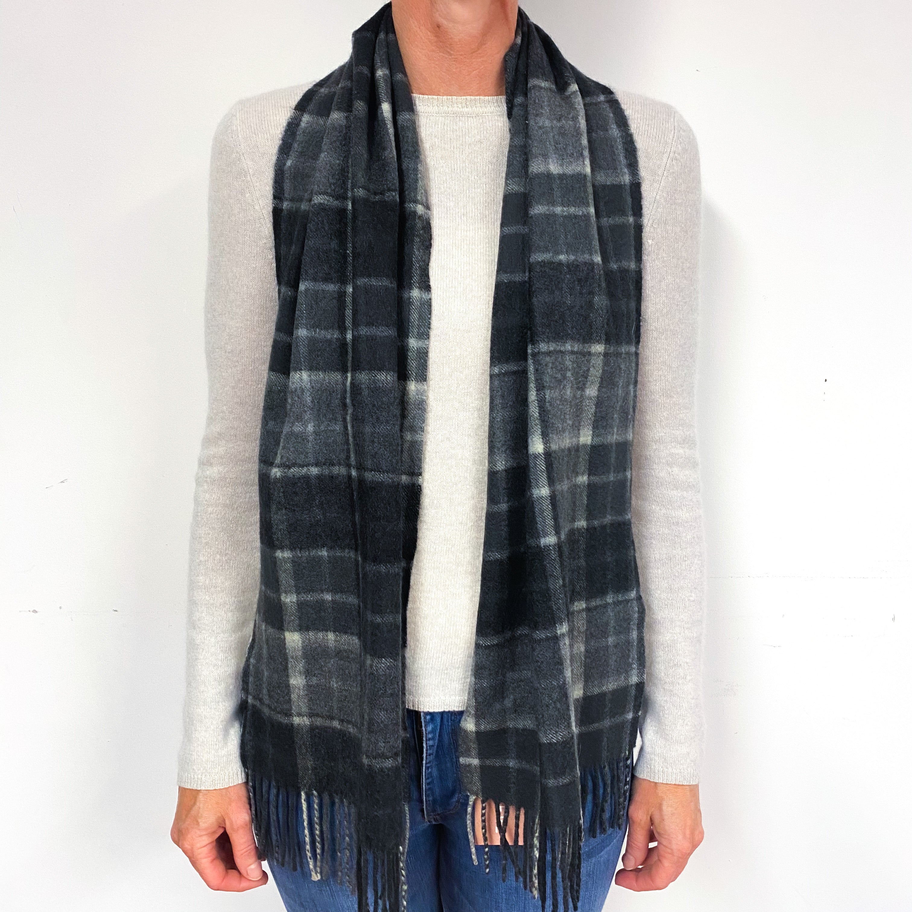 Slate Grey Tartan Fringed Cashmere Woven Scarf