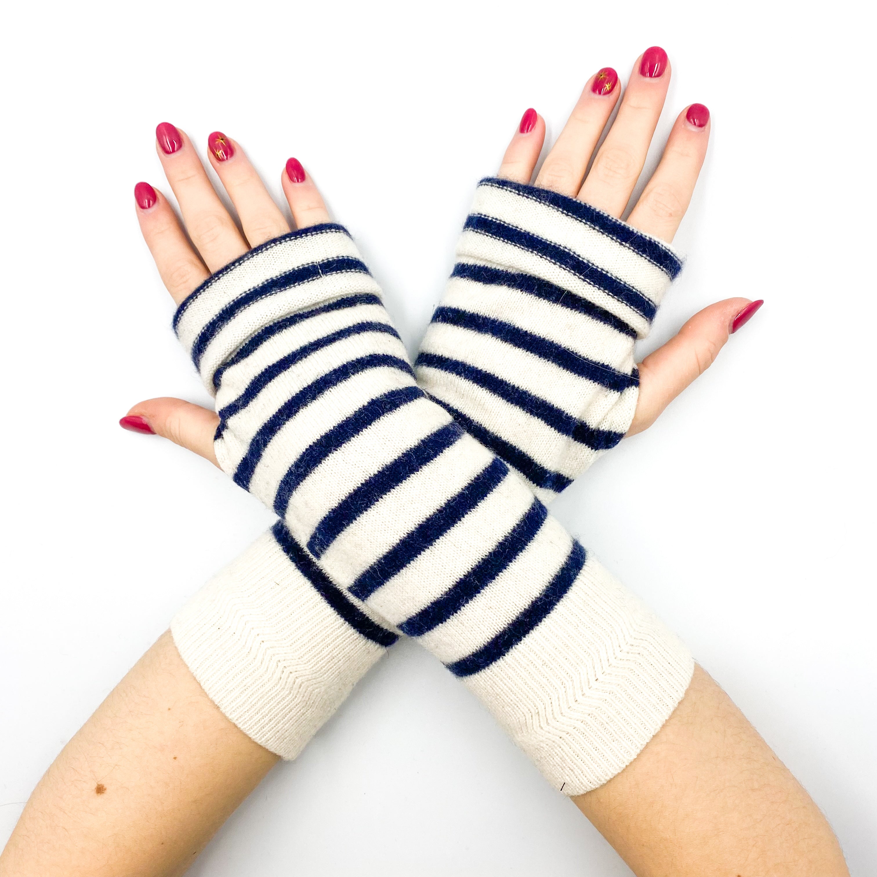 Cream and Navy Stripe Fingerless Gloves