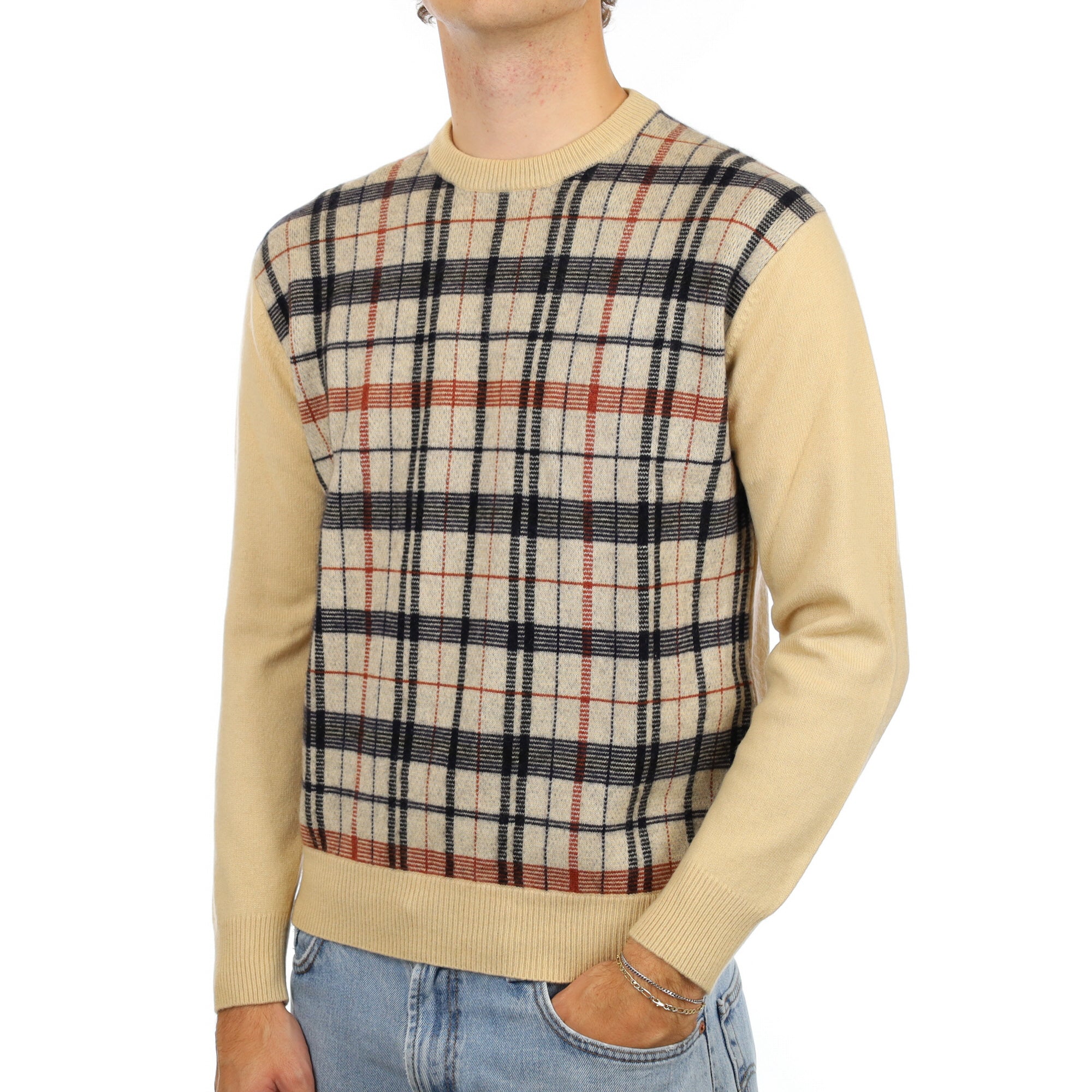 Men’s Sand Beige Tartan Cashmere Crew Neck Jumper Medium