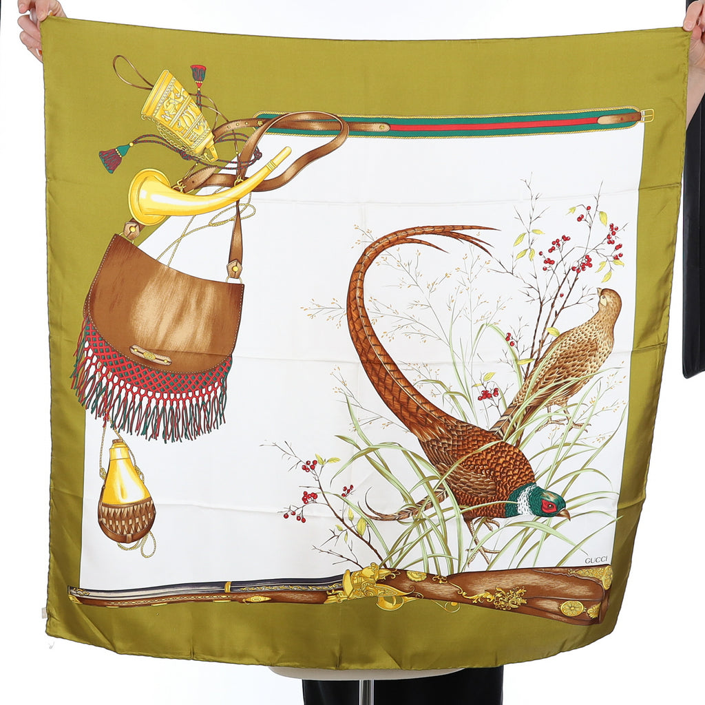 Brand New Gucci Pheasant Hunt Olive Vintage Silk Scarf