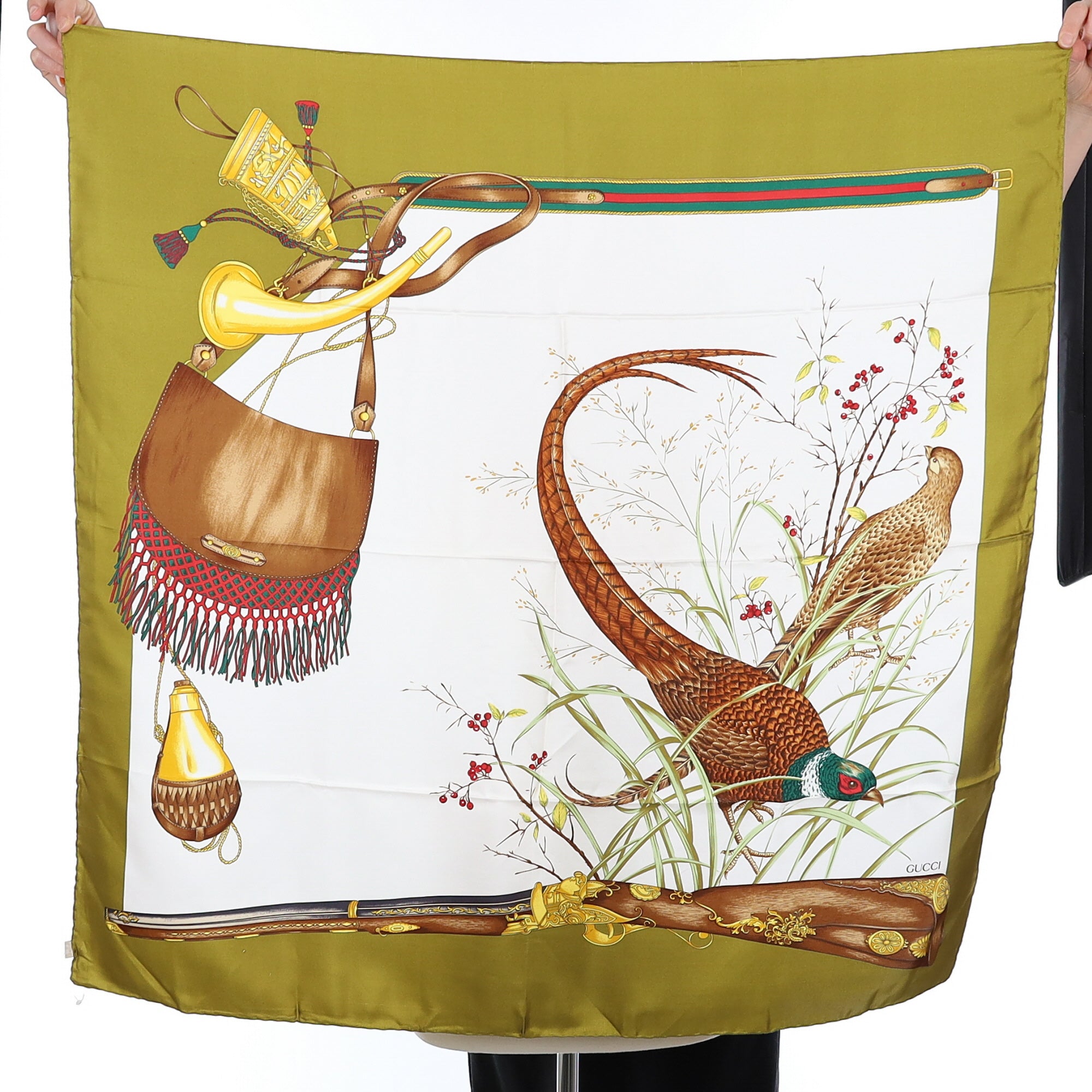 Brand New Gucci Pheasant Hunt Olive Vintage Silk Scarf