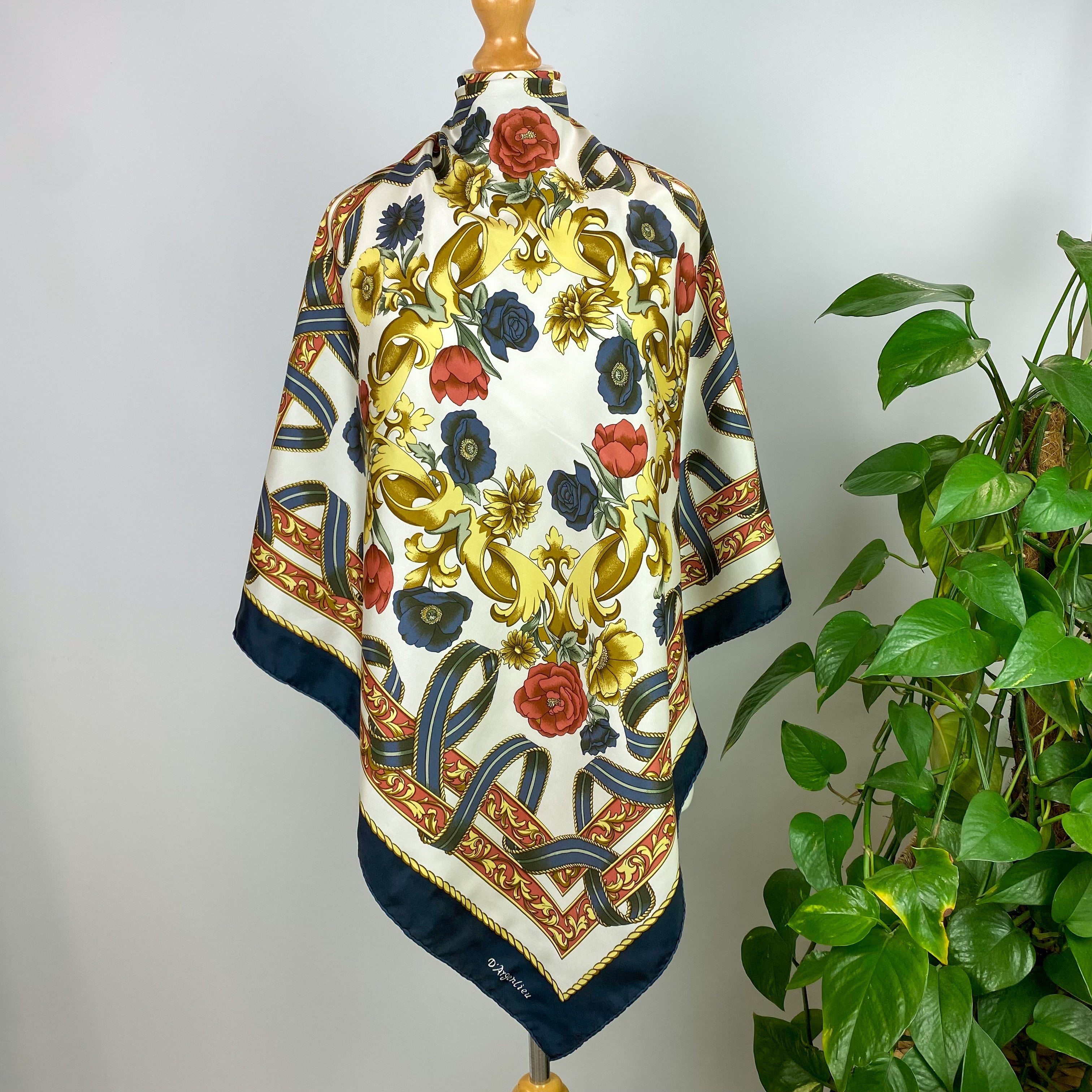 Traditional Design Blue, Gold and Red Silk Scarf