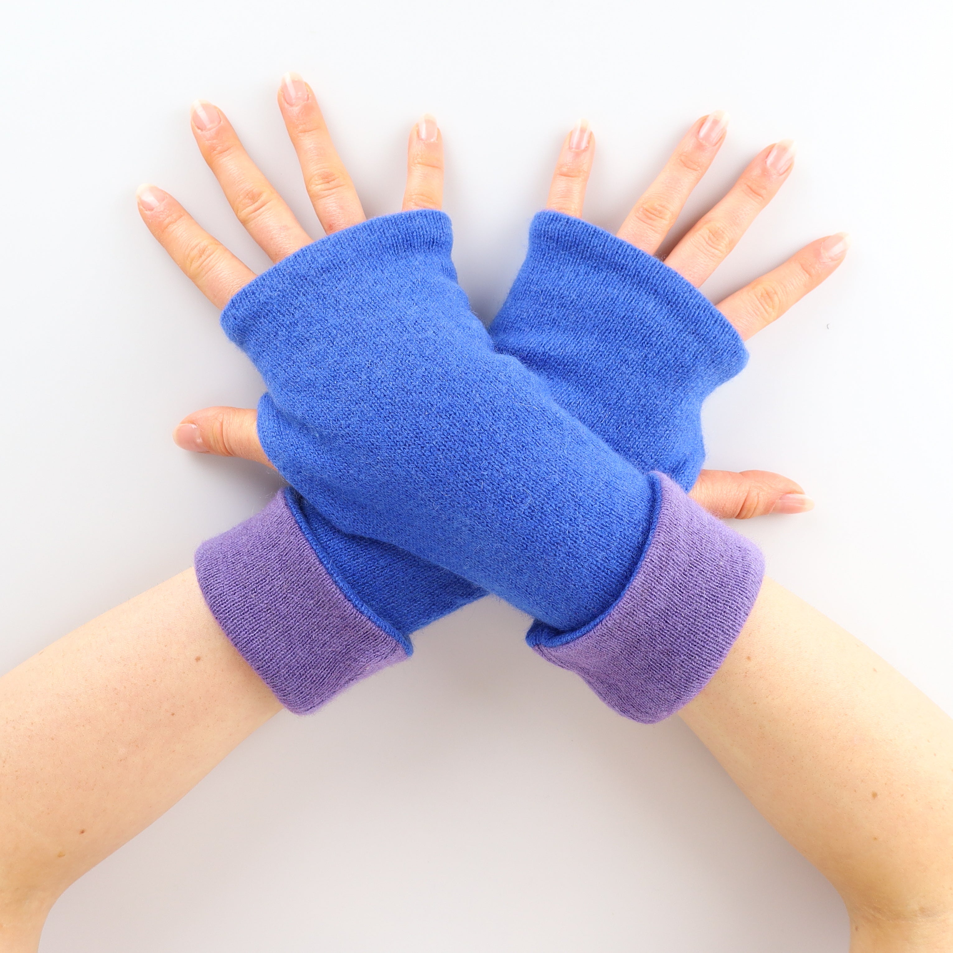 Cobalt Blue and Wisteria Purple Reversible Cashmere Fingerless Gloves
