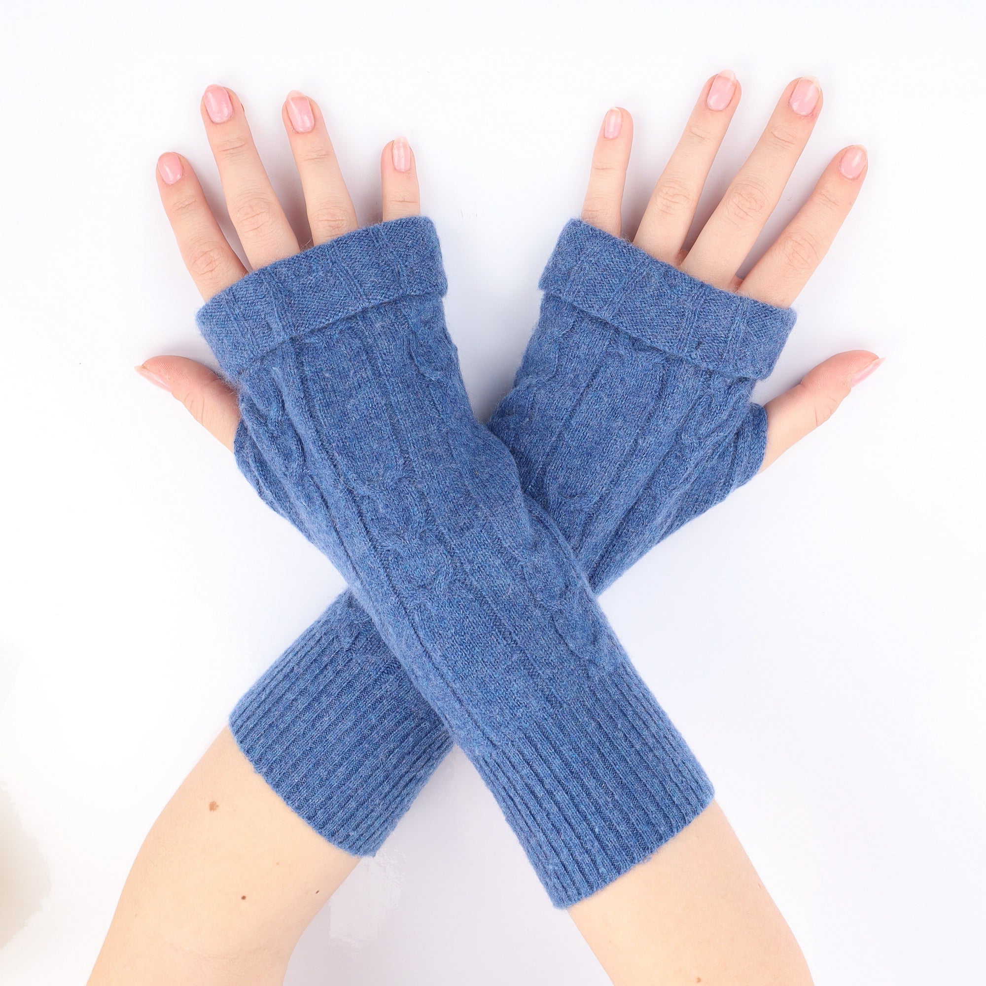 Denim Blue Cable Fingerless Gloves