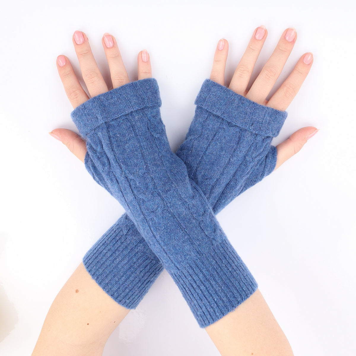 Denim Blue Cable Fingerless Gloves