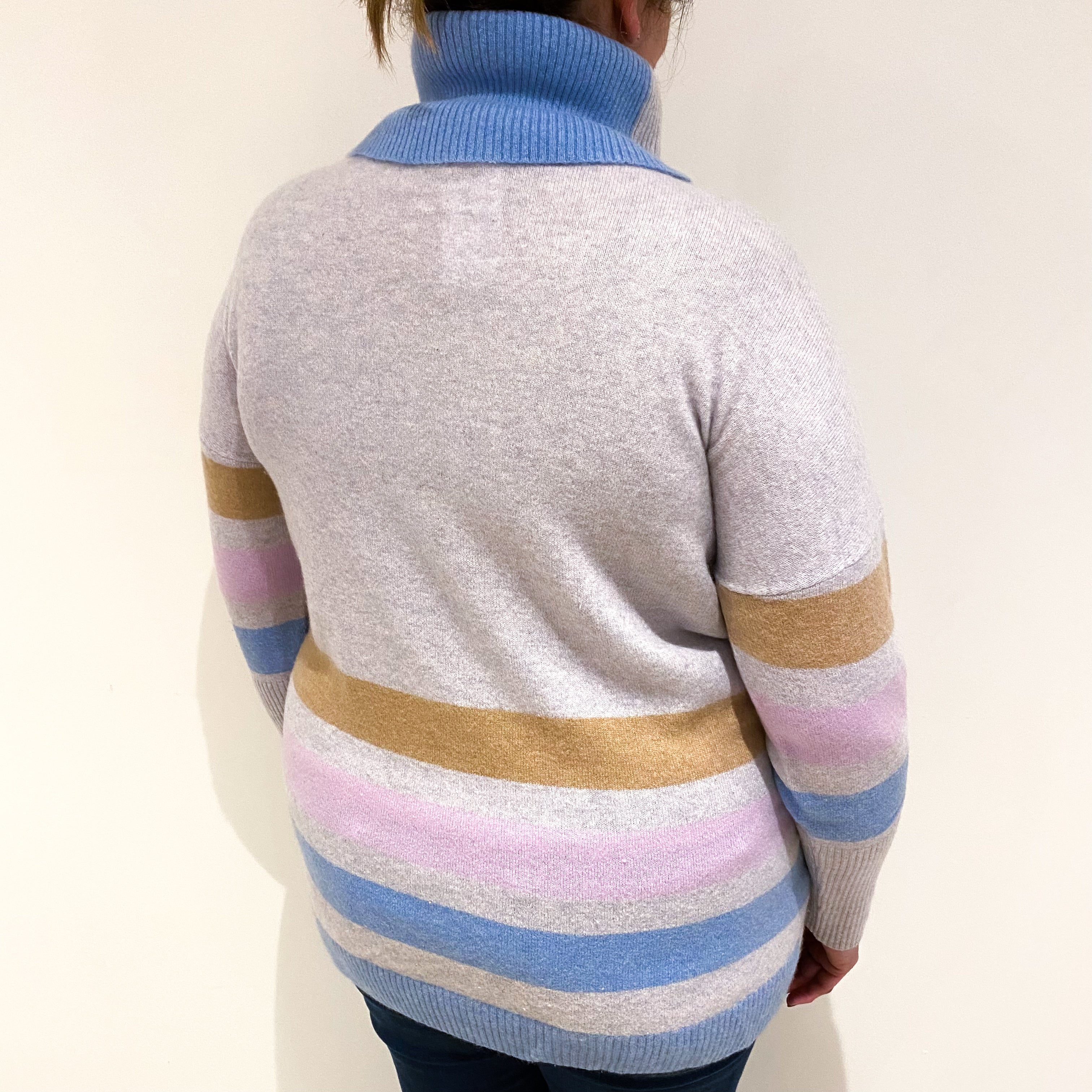 Mist Grey With Colourful Stripes Cashmere Polo Neck Jumper Extra Large