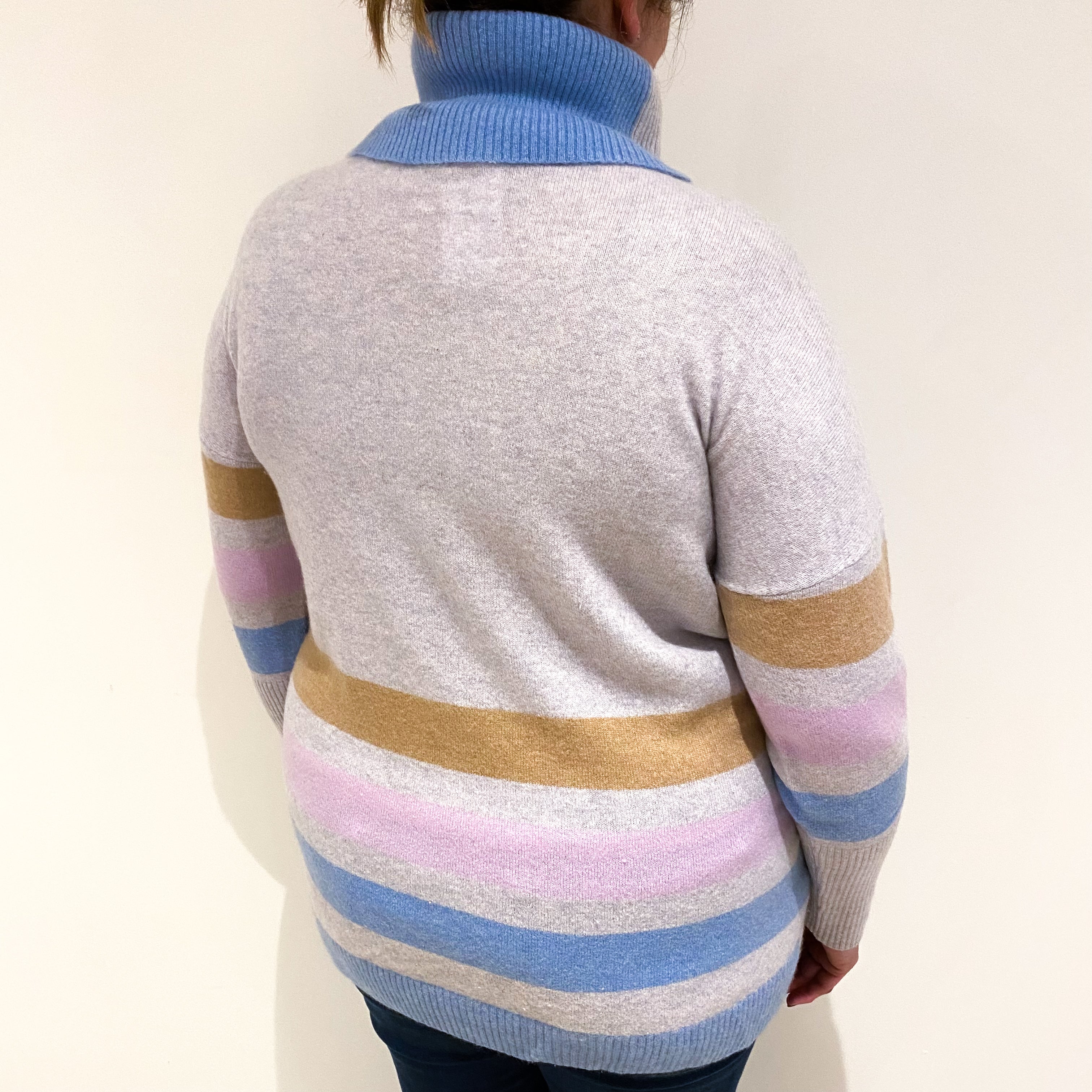 Mist Grey With Colourful Stripes Cashmere Polo Neck Jumper Extra Large