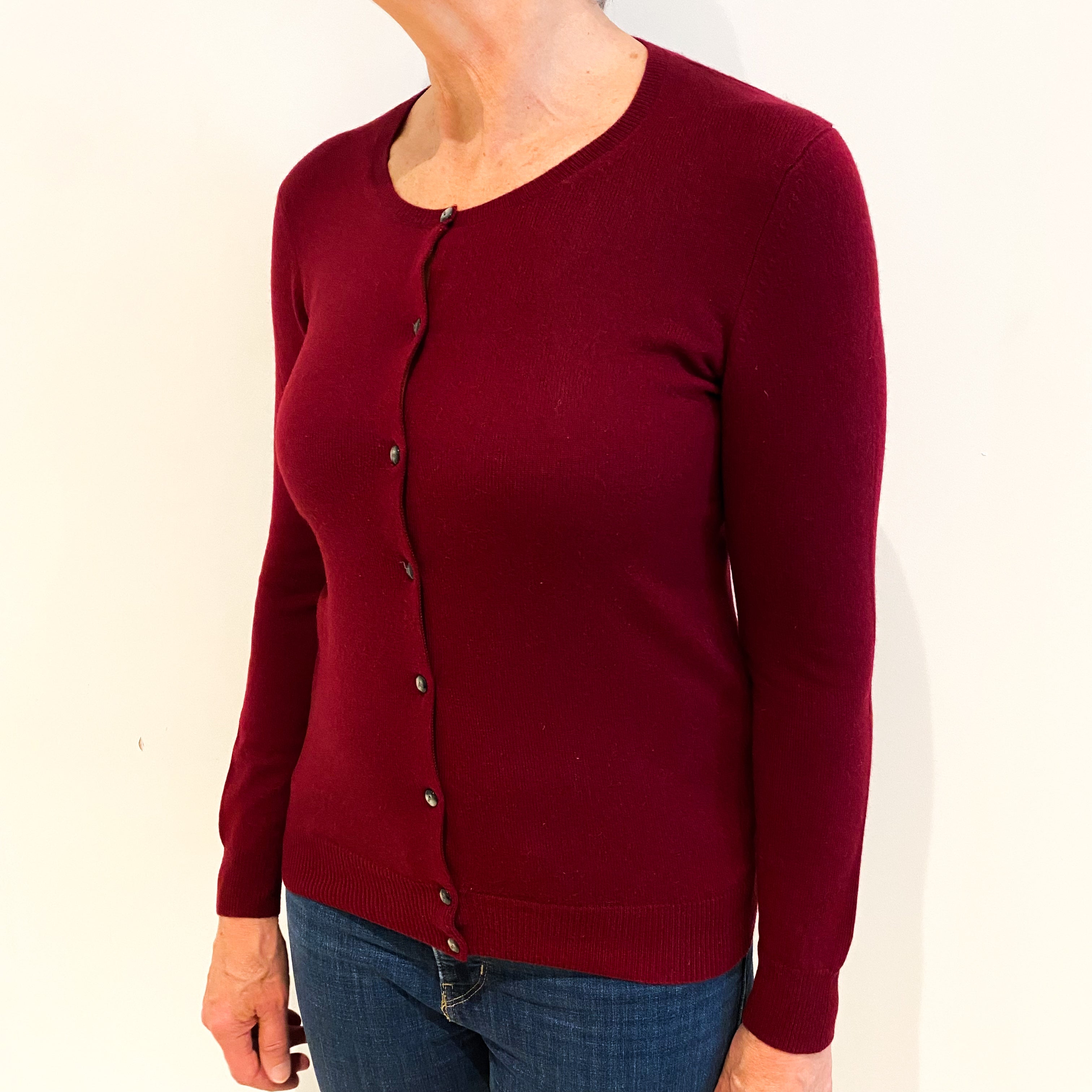 Burgundy Red Cashmere Crew Neck Cardigan Medium