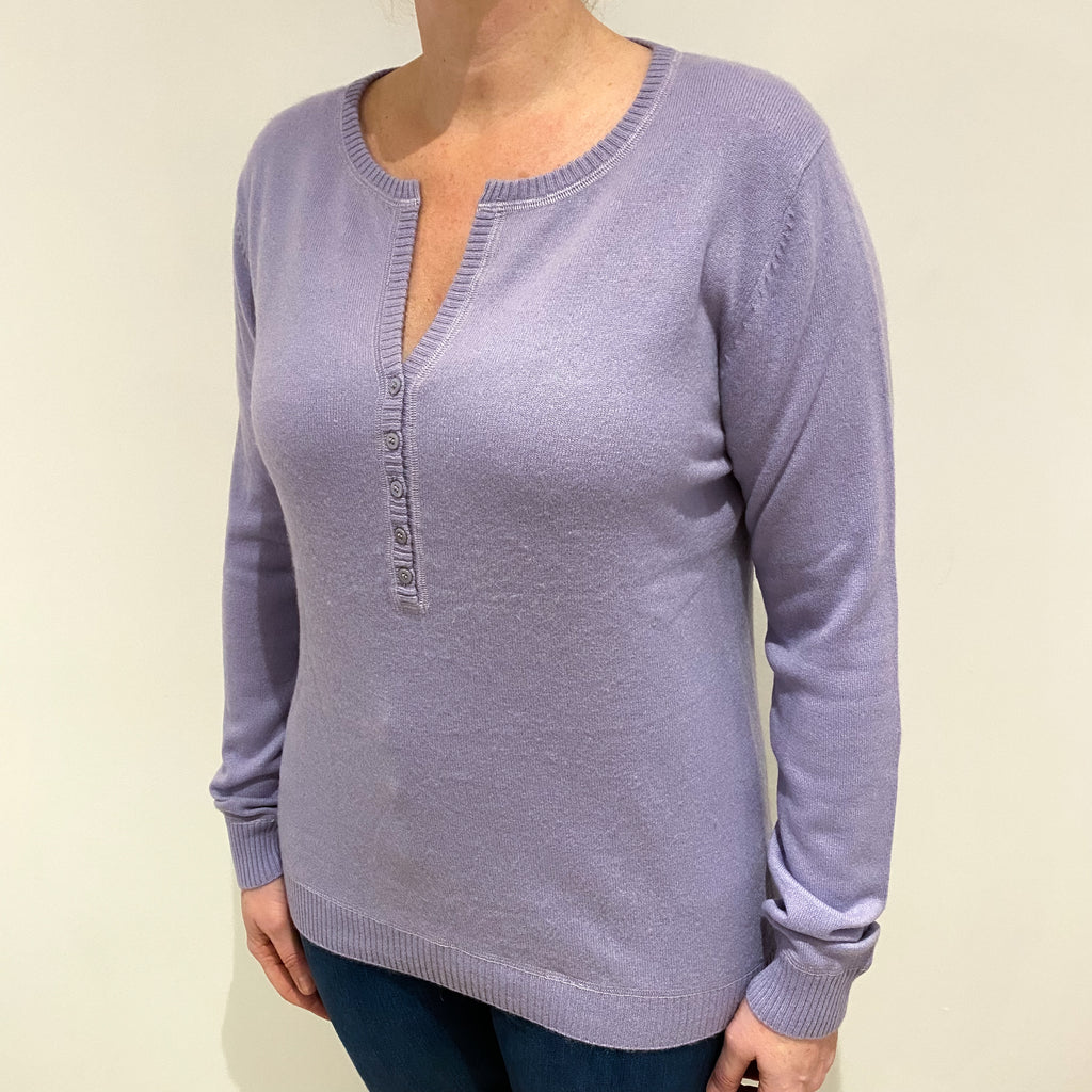 Lilac Purple Half Button Cashmere V Neck Jumper Large