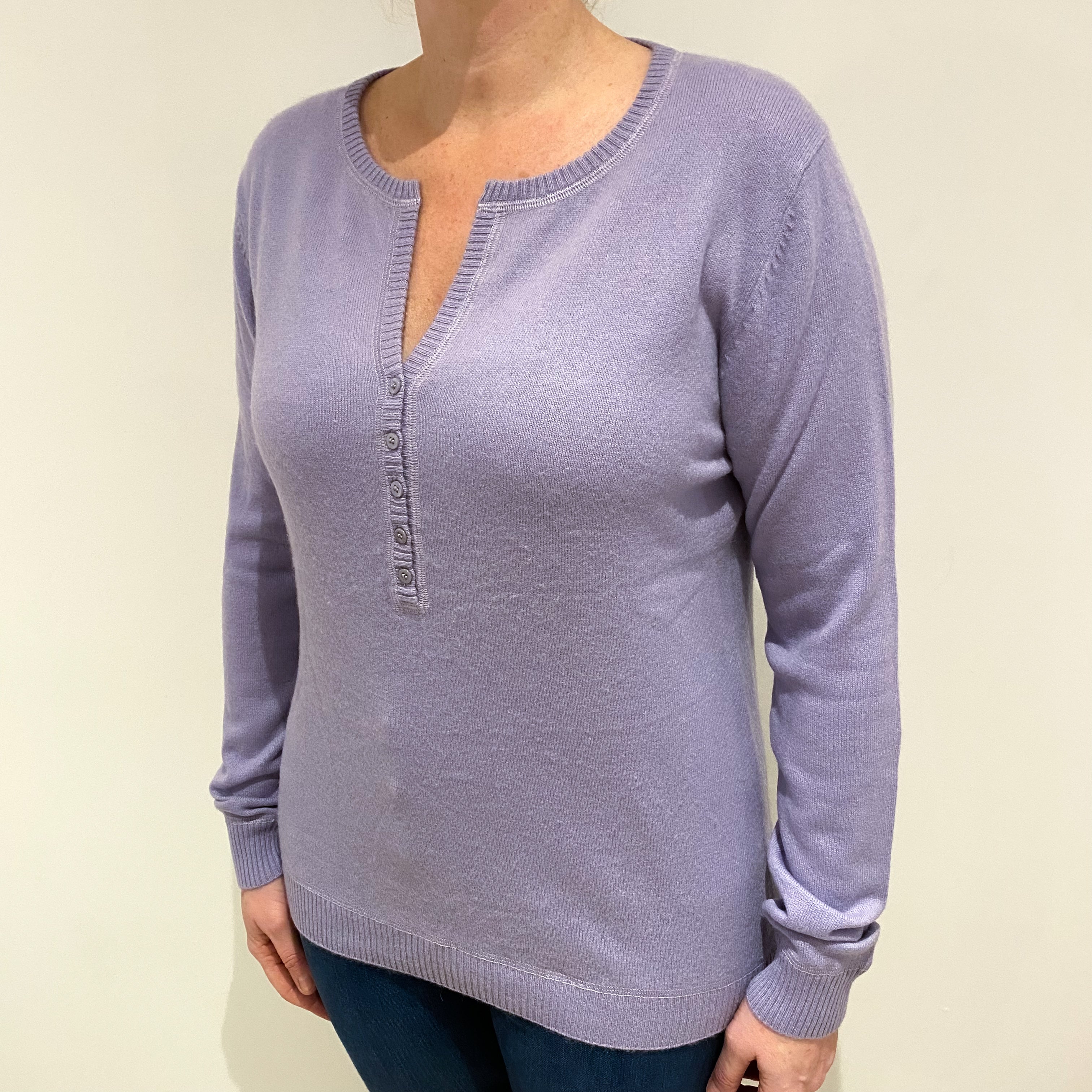 Lilac Purple Half Button Cashmere V Neck Jumper Large
