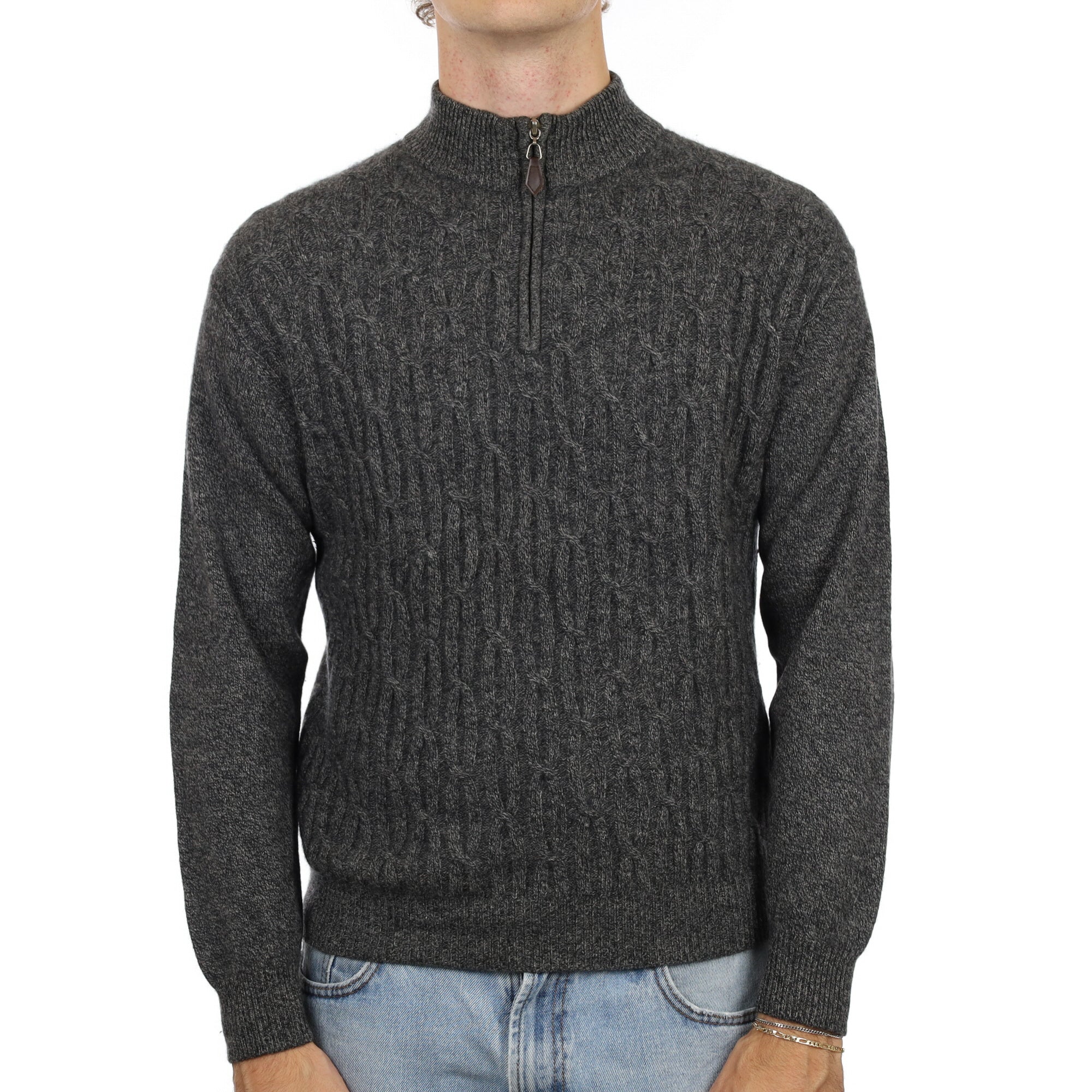 Men’s Slate Grey Marl Textured Cashmere 1/4 Zip Neck Jumper Medium