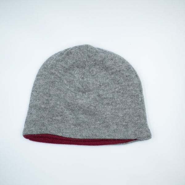 Mid Grey and Burgundy Pink Cashmere Beanie Hat