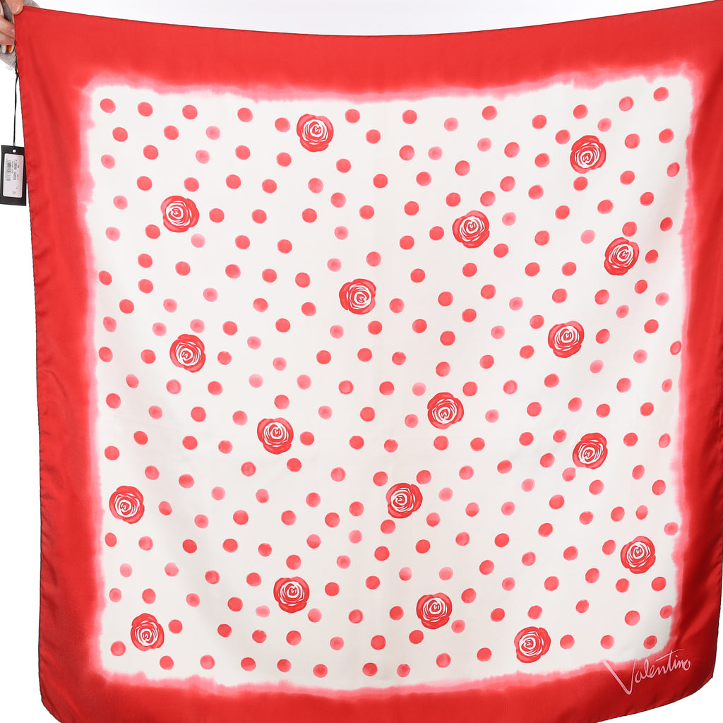 Brand New Valentino Red Rose Patterned Silk Scarf