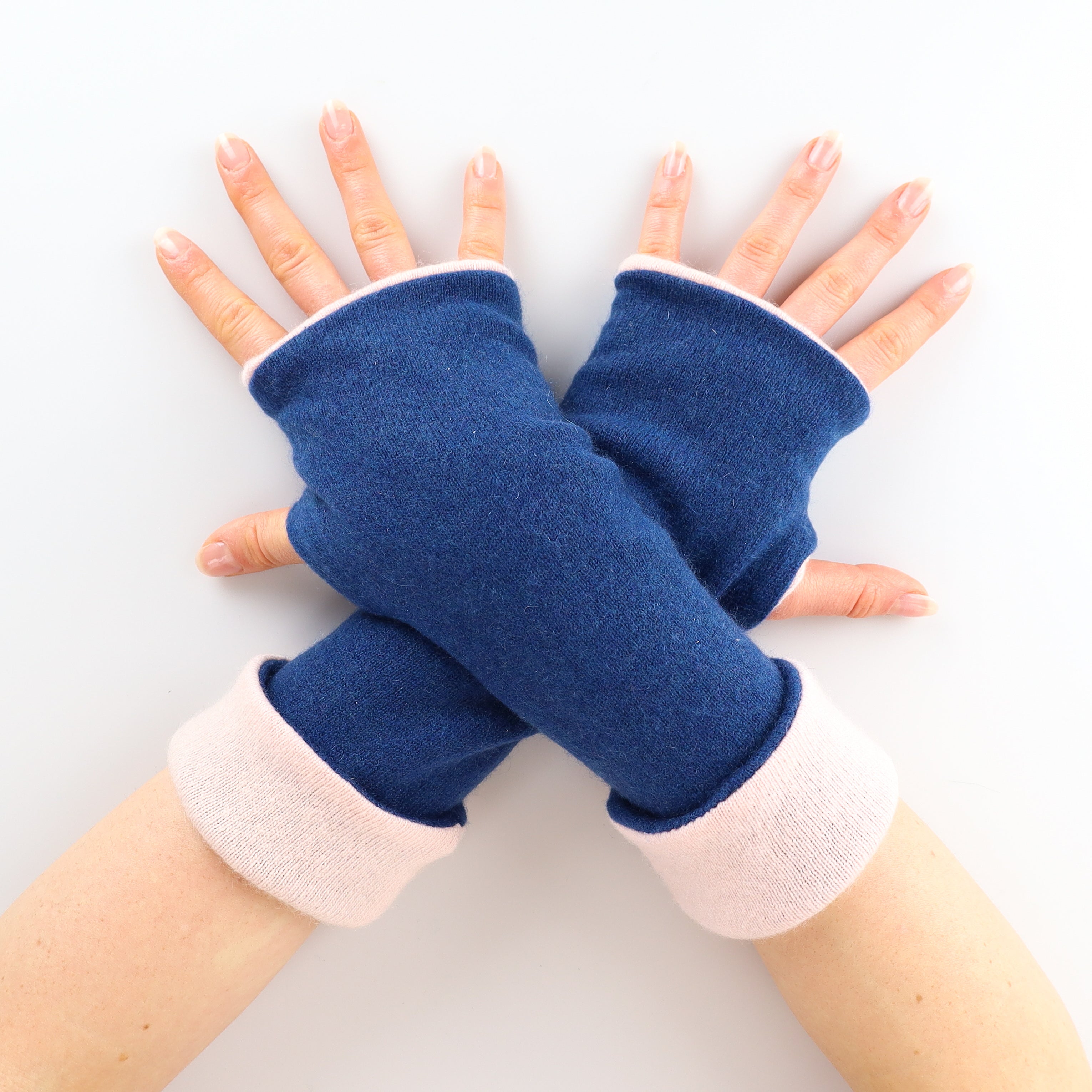 Petrol Blue and Shell Pink Reversible Cashmere Fingerless Gloves
