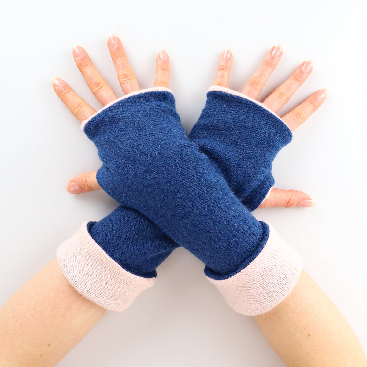 Petrol Blue and Shell Pink Reversible Cashmere Fingerless Gloves