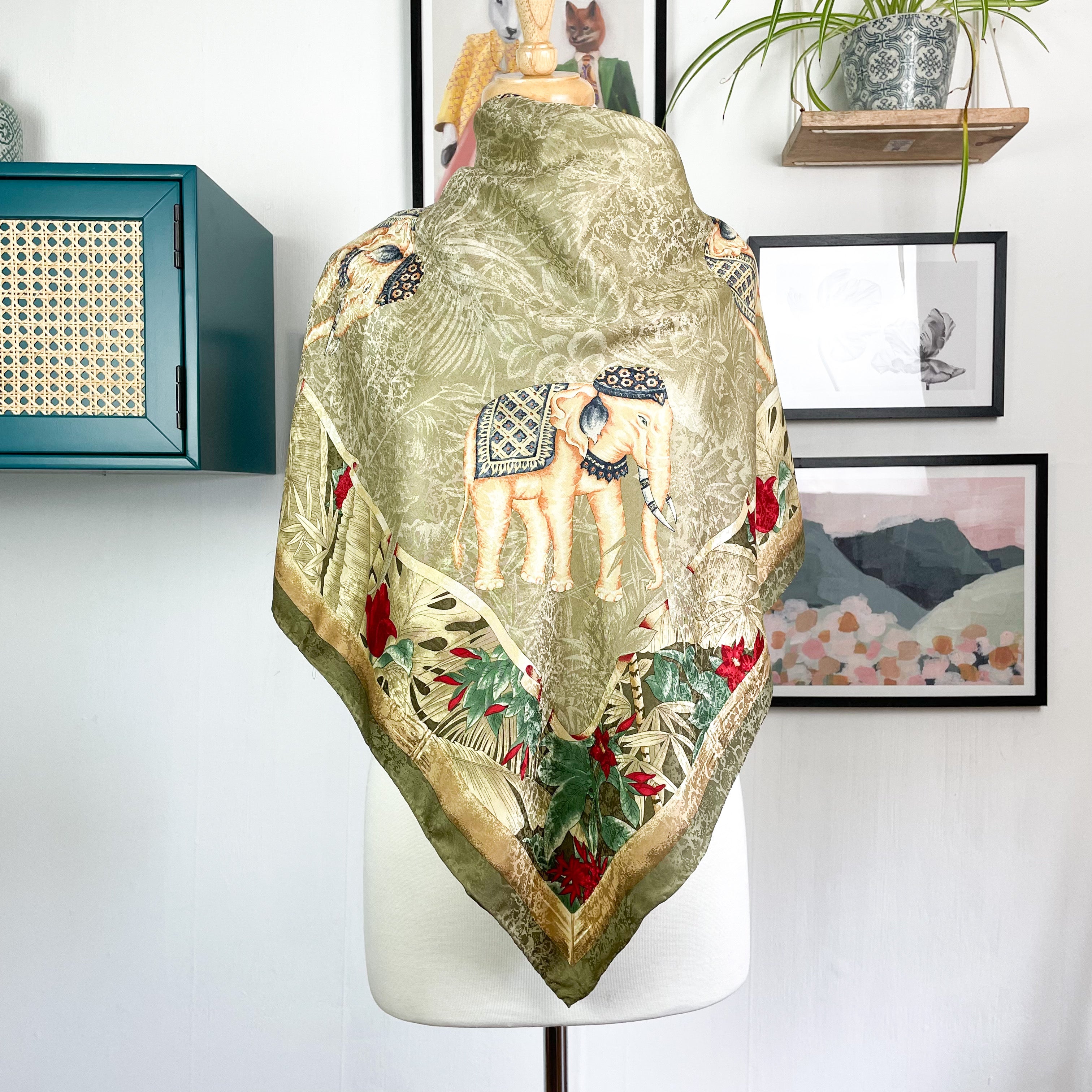 Large Muted Elephant Design Silk Scarf