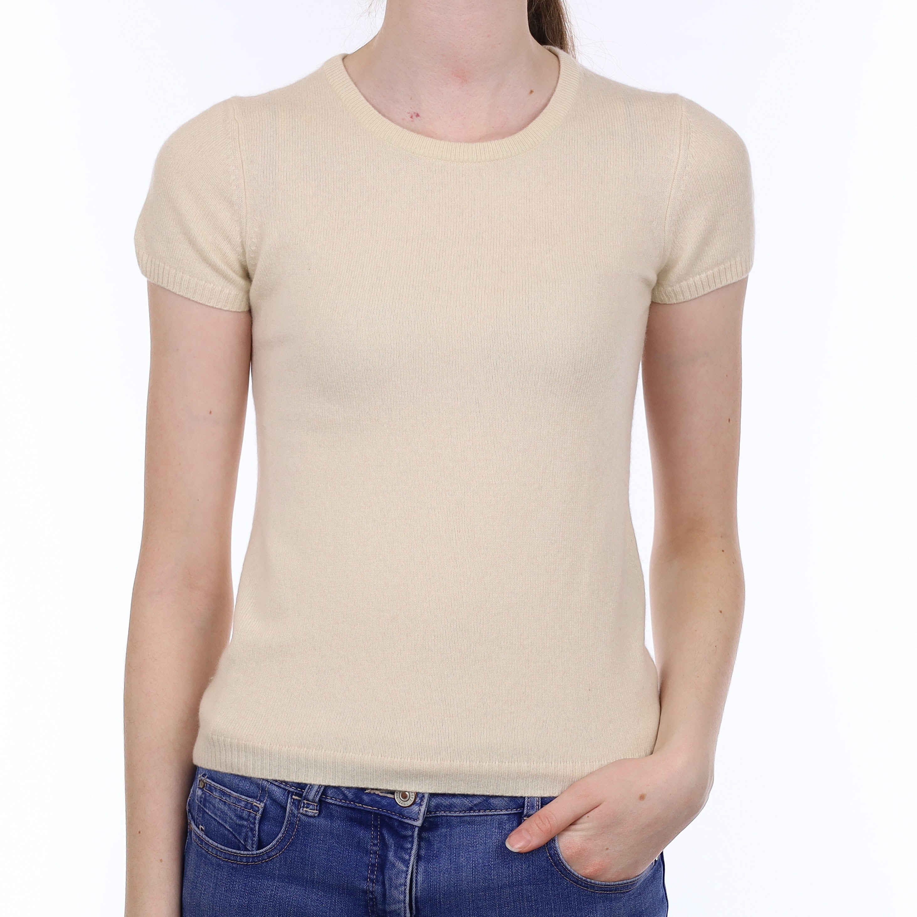 Ivory Cashmere Short Sleeved Crew Neck Jumper Extra Small