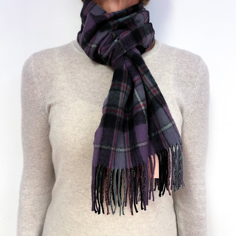 Purple, Black and Grey Tartan Cashmere Fringed Woven Scarf