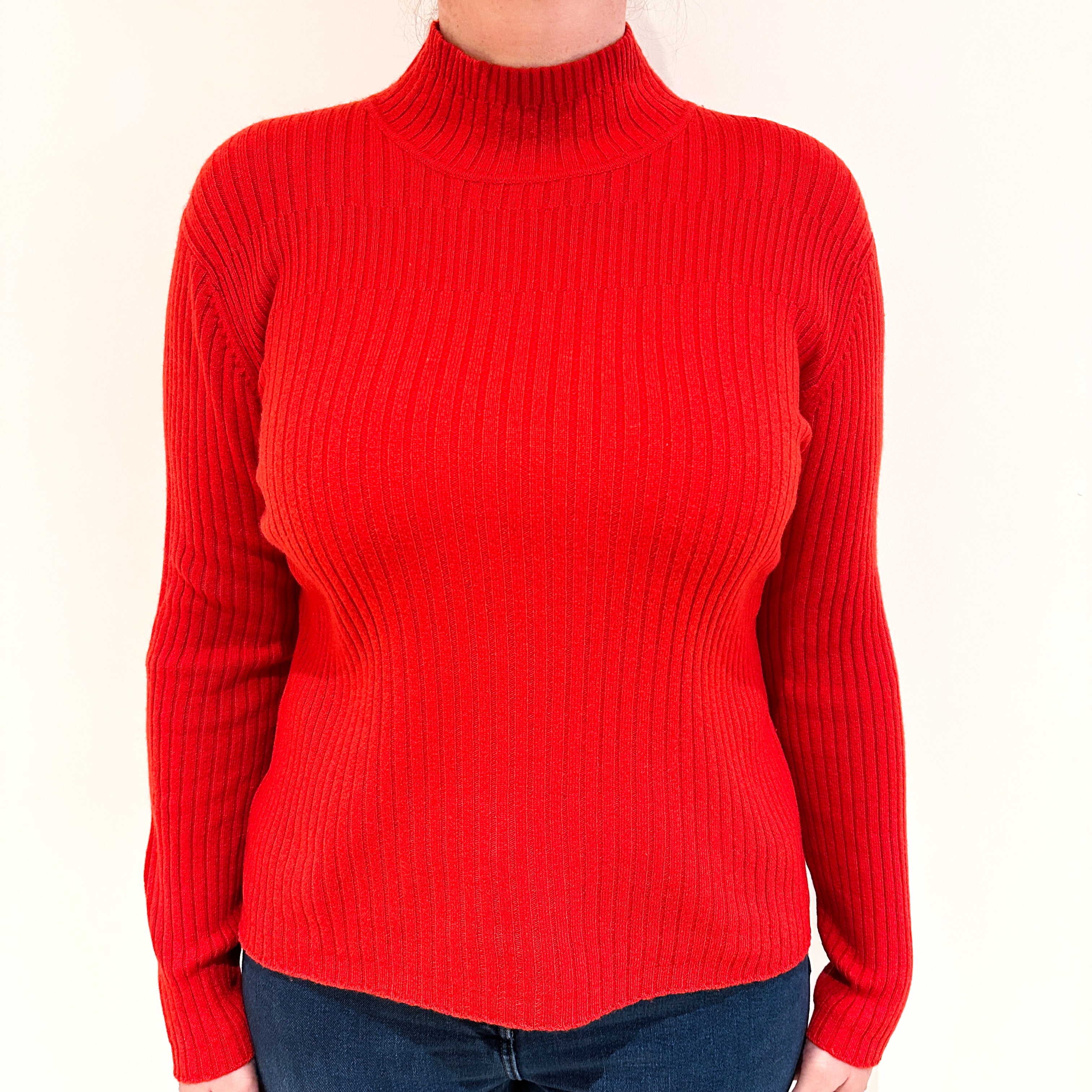 Scarlet Red Ribbed Cashmere Turtle Neck Jumper Large