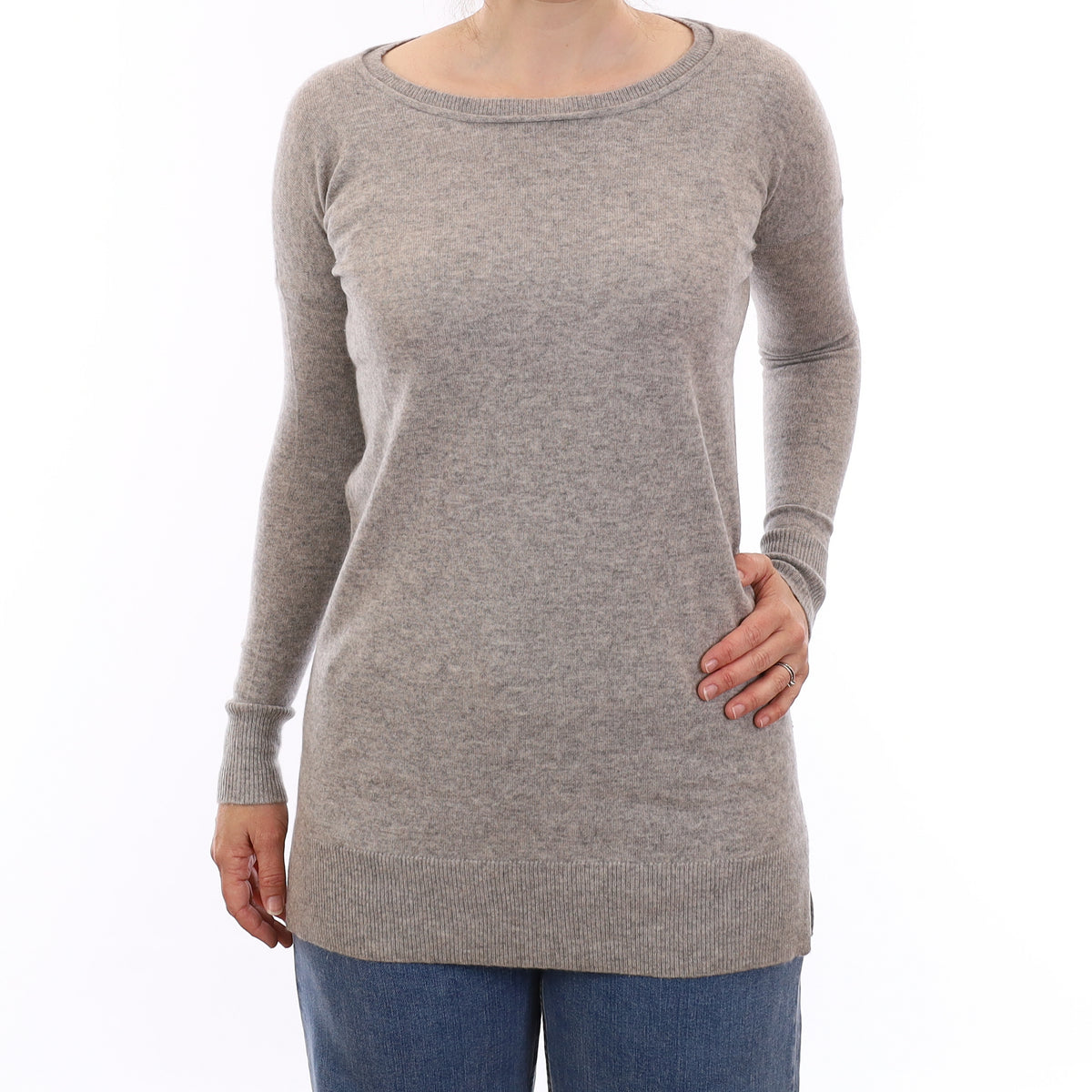 Smoke Grey Cashmere Longline Crew Neck Jumper Small