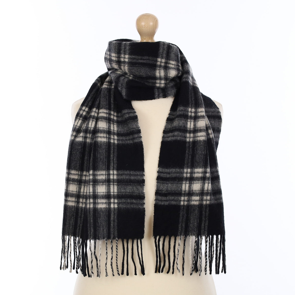 Black and Ivory Plaid Cashmere Woven Scarf