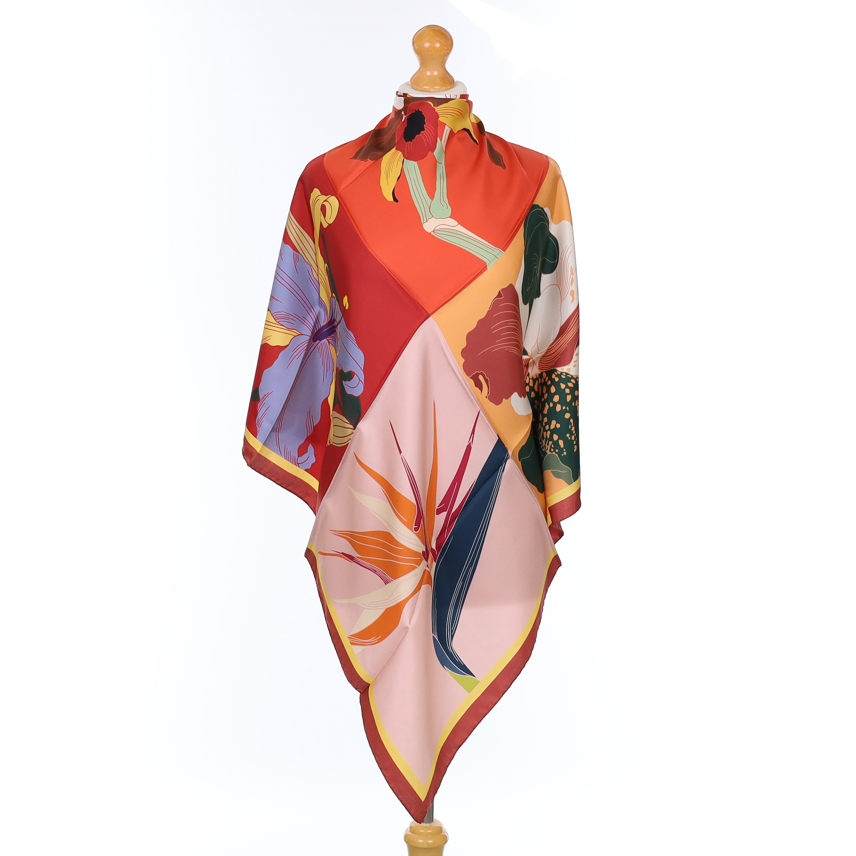Brand New Italian Red Lilly and Orchid Silk Scarf
