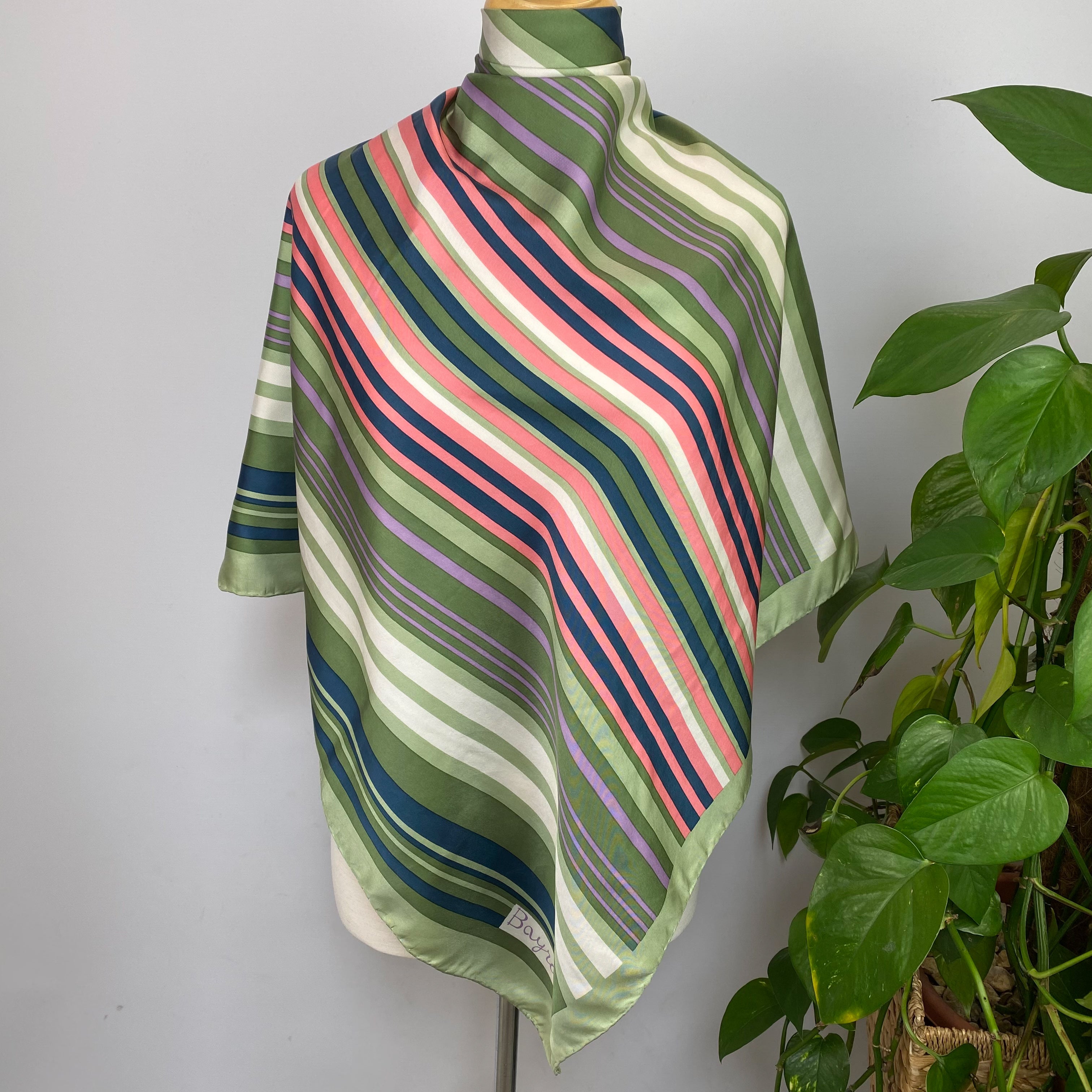 Bayron Green Striped Vintage Silk Scarf