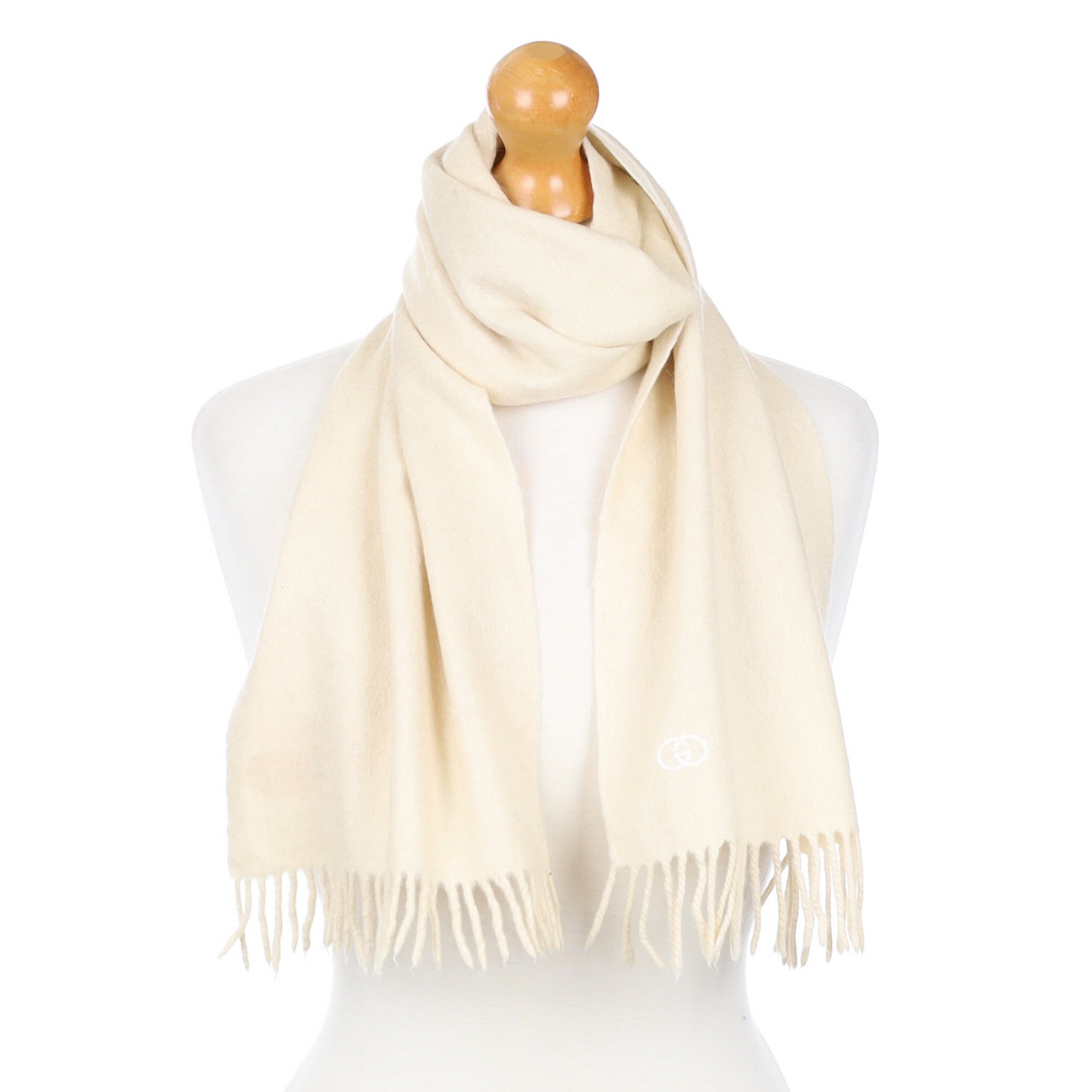 Vintage Gucci Vanilla Cream Fringed Cashmere Woven Scarf