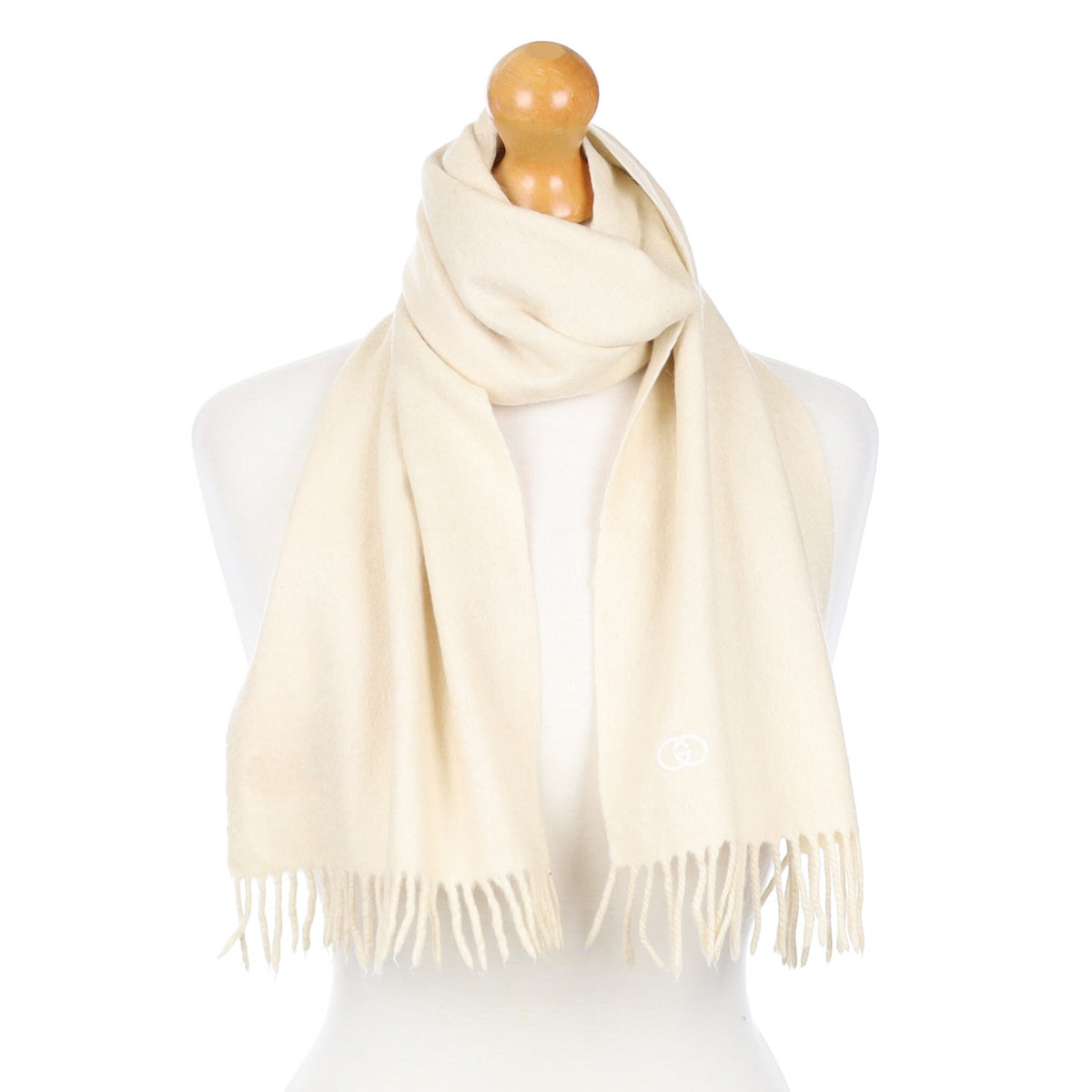 Vintage Gucci Vanilla Cream Fringed Cashmere Woven Scarf