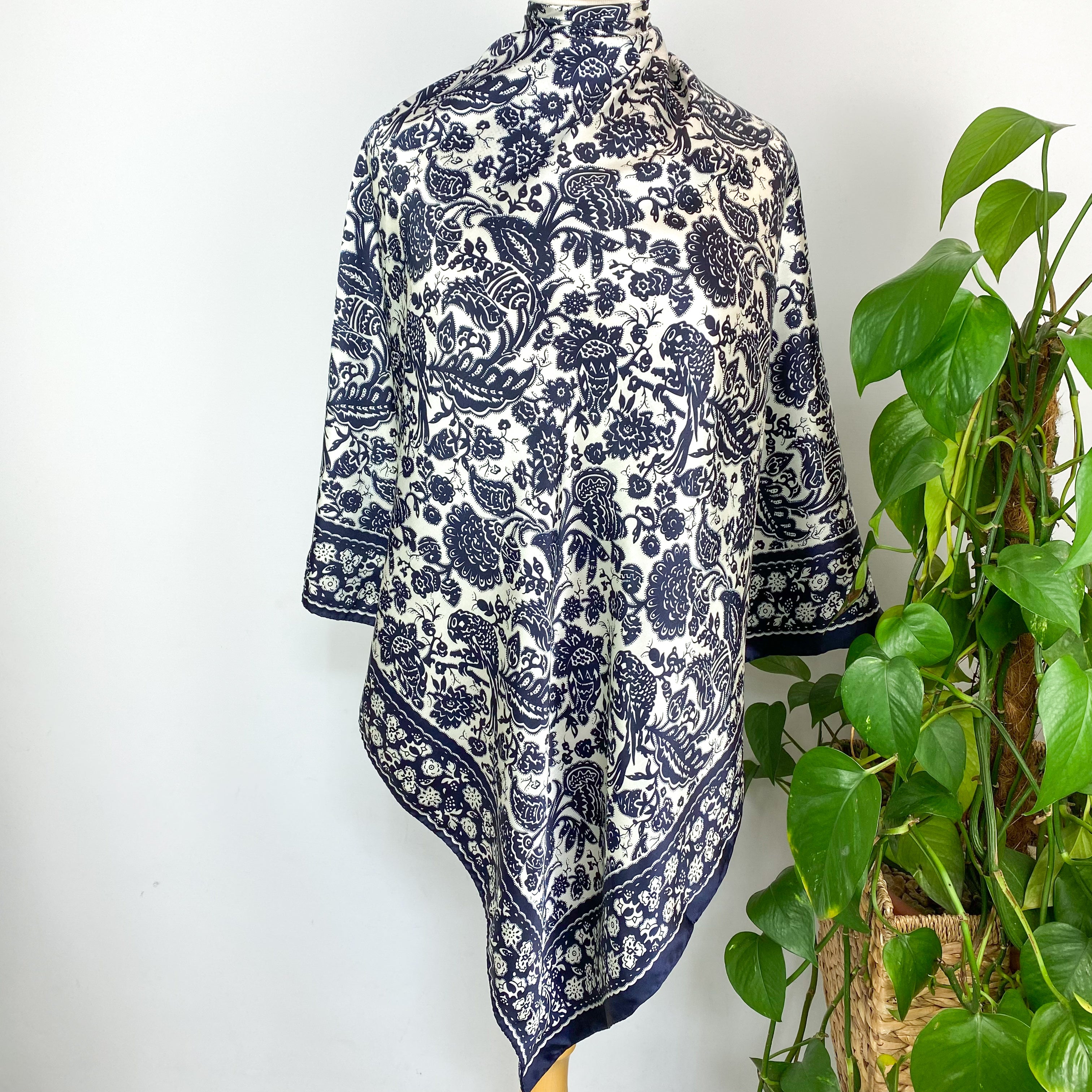 Dark Navy and White Silk Scarf