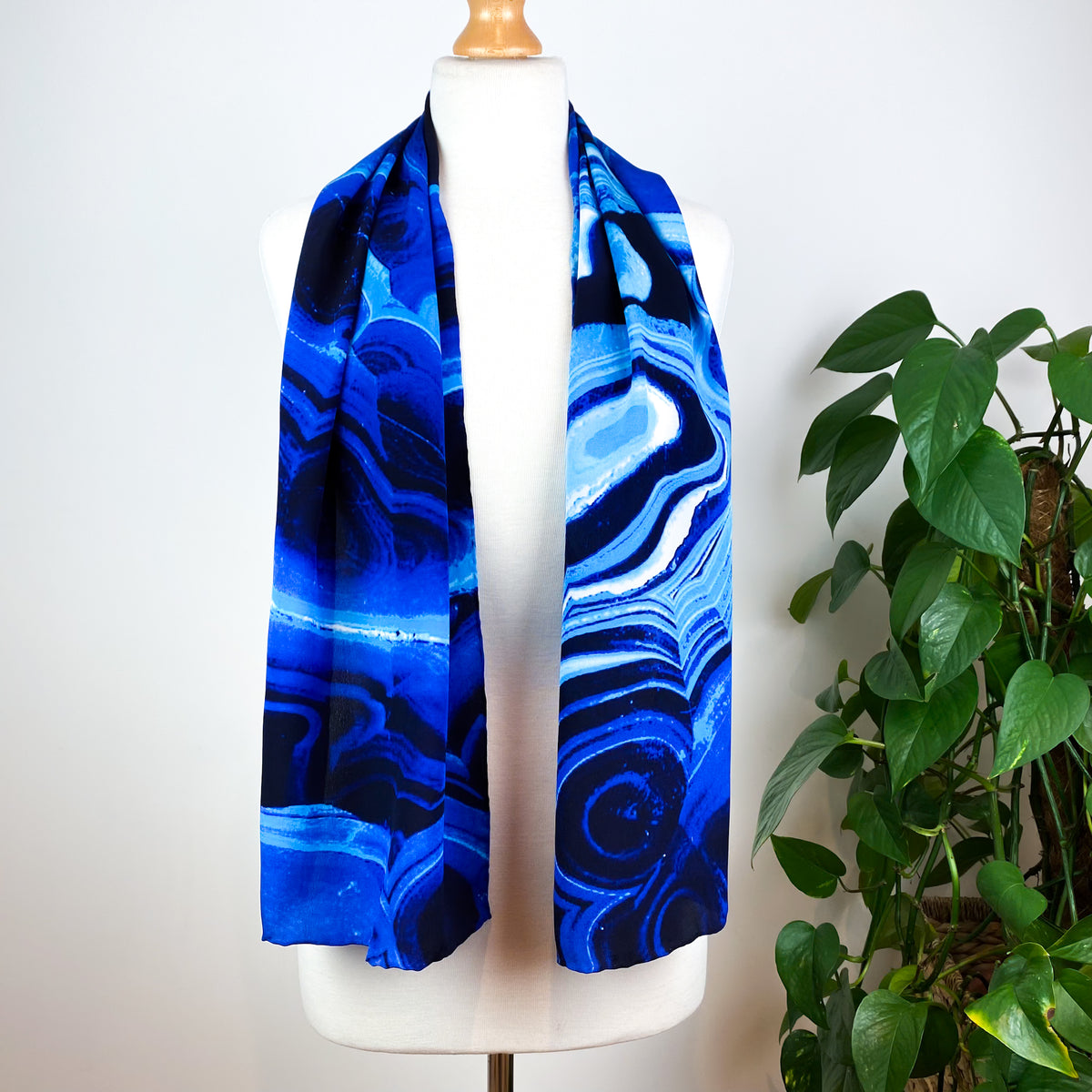 Cobalt Blue Abstract Long Silk Scarf