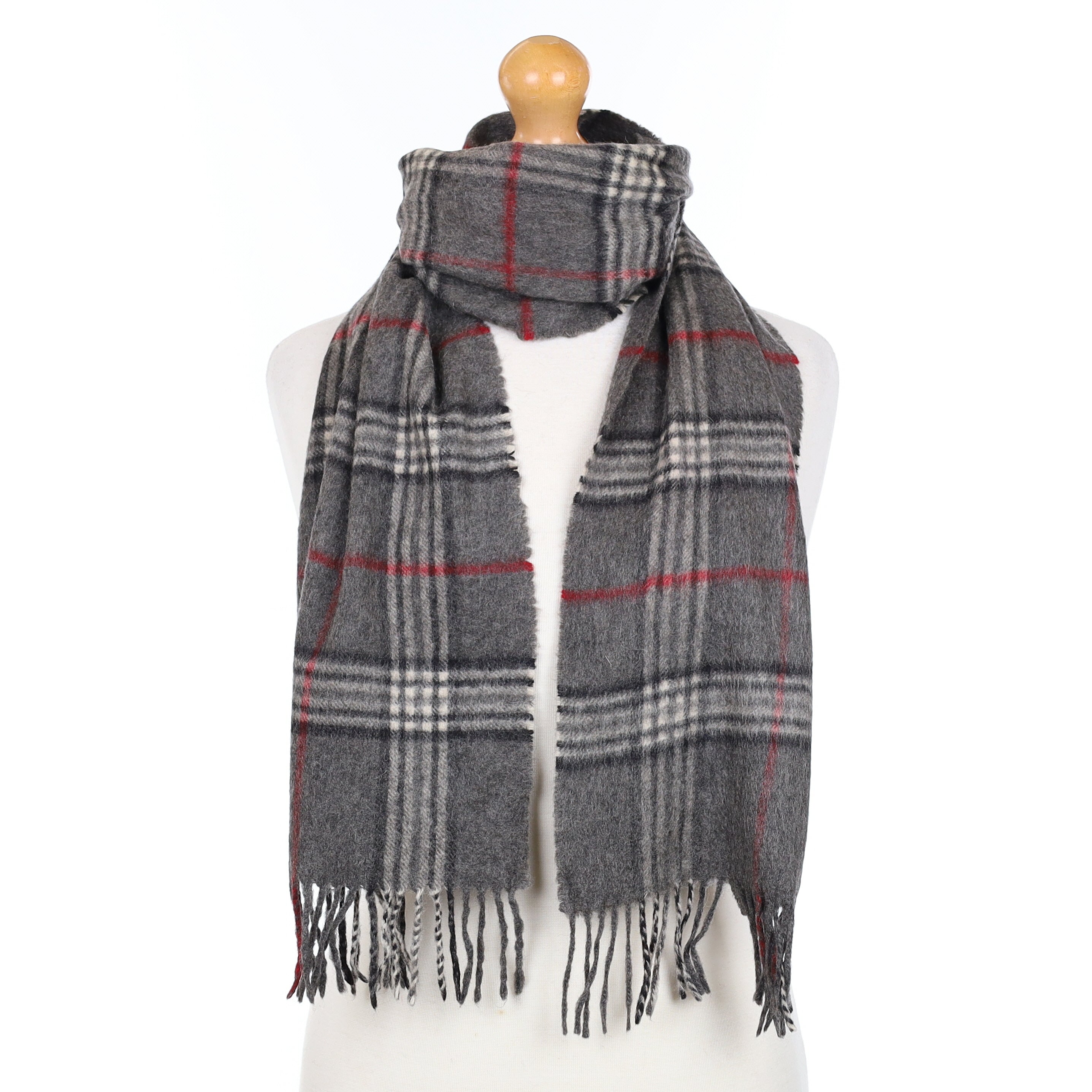 Grey Black and Red Plaid Cashmere Woven Scarf
