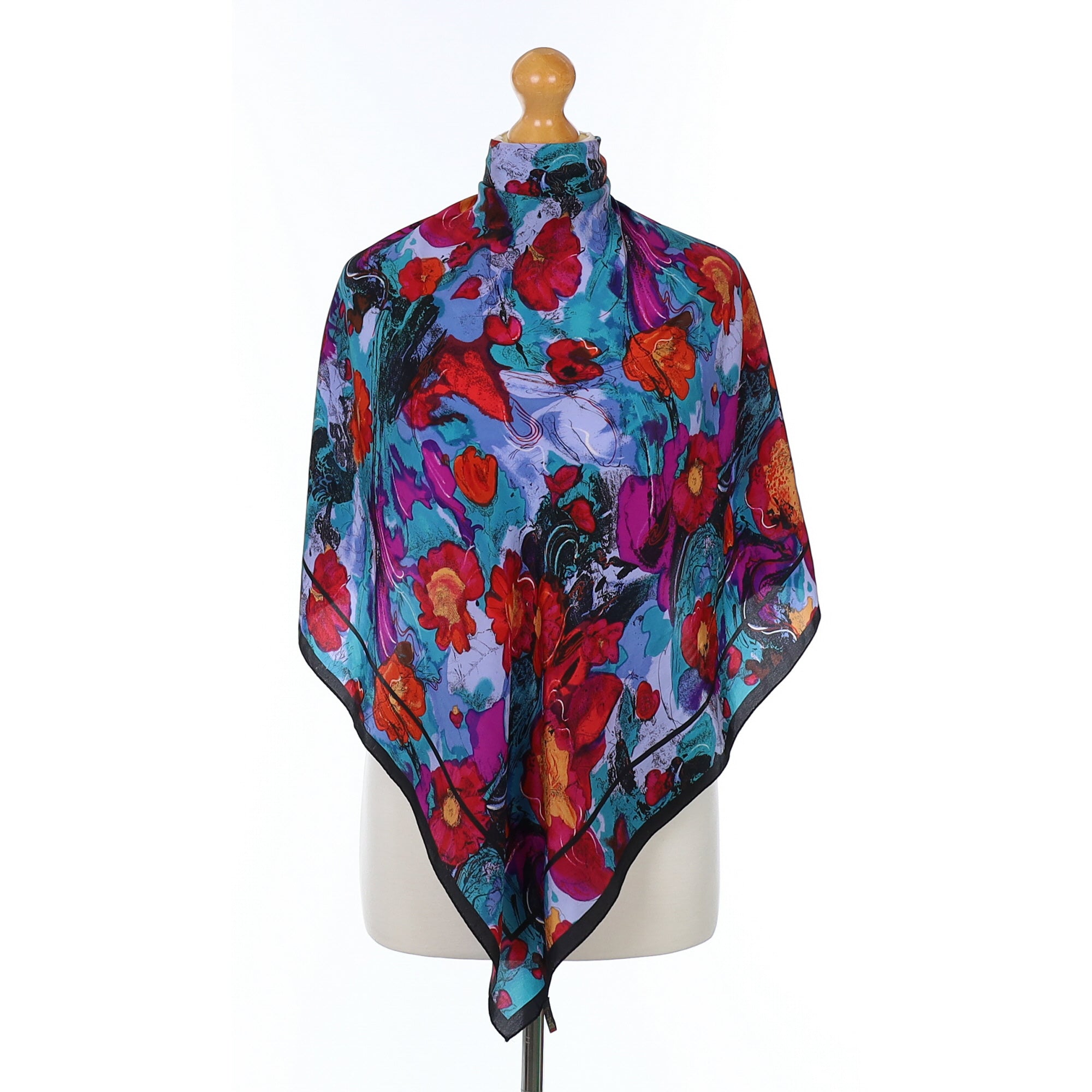 Red and Blue Floral Silk Scarf
