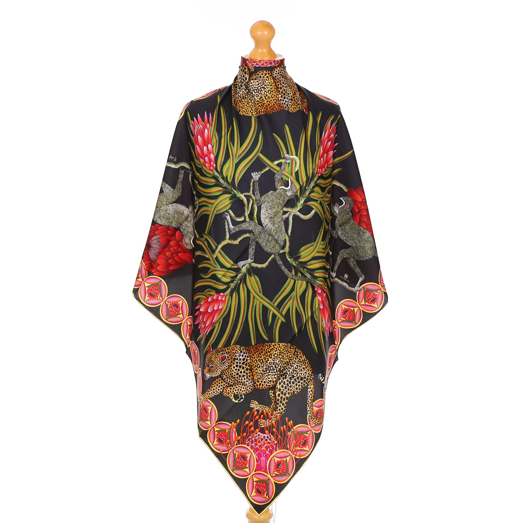 Brand New Bellezza Black & Sage Leopard Safari Double Faced Silk Scarf