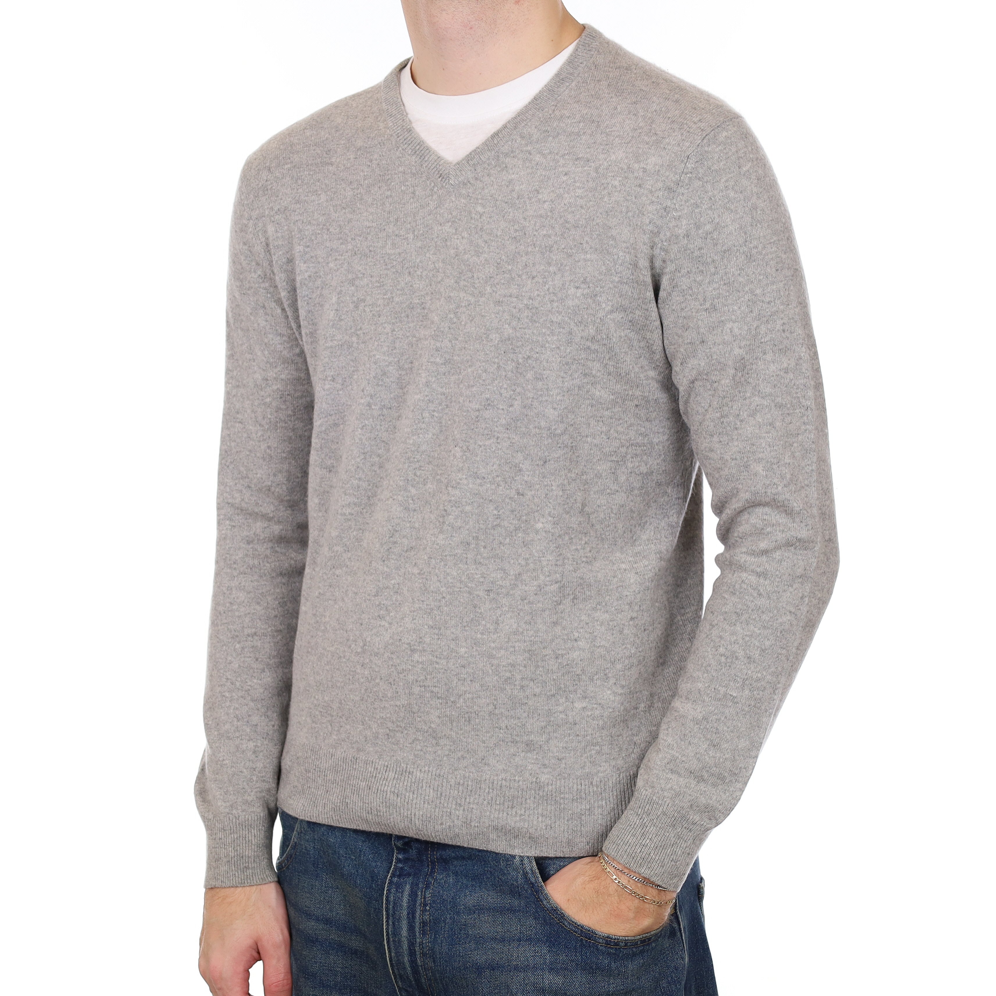 Men’s Smoke Grey Cashmere V Neck Jumper Medium