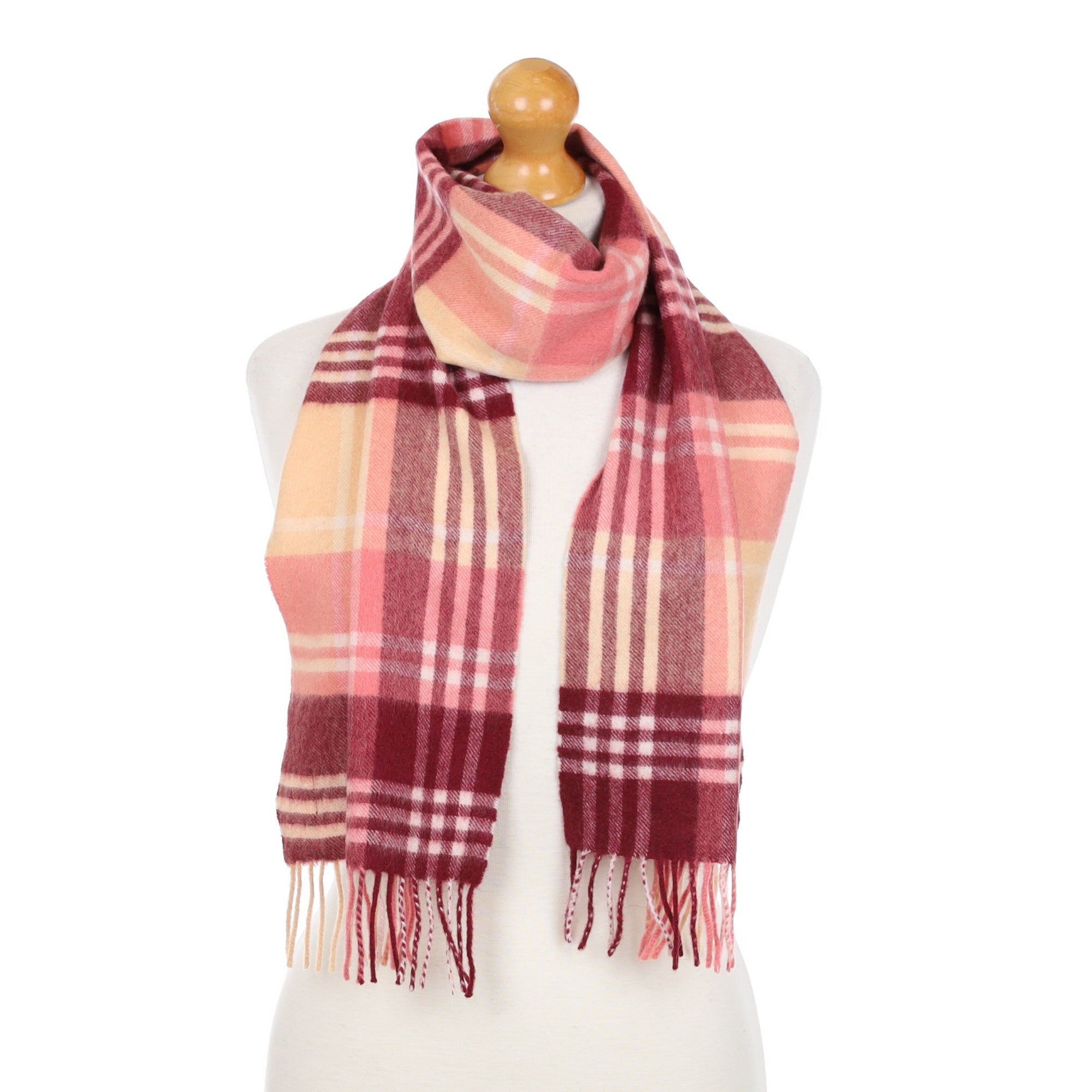 Burgundy and Flamingo Pink Cashmere Fringed Woven Scarf